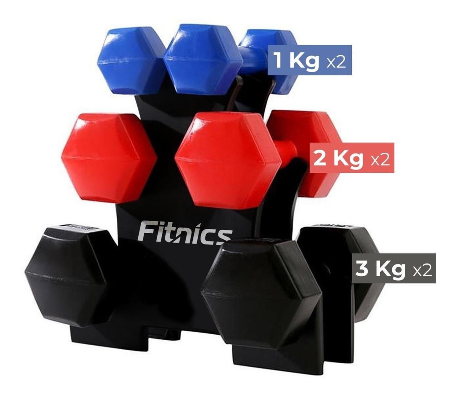 Mancuernas Set de 6 de 1, 2 y 3Kg Total 12 Kg +Rack Fitnics-0