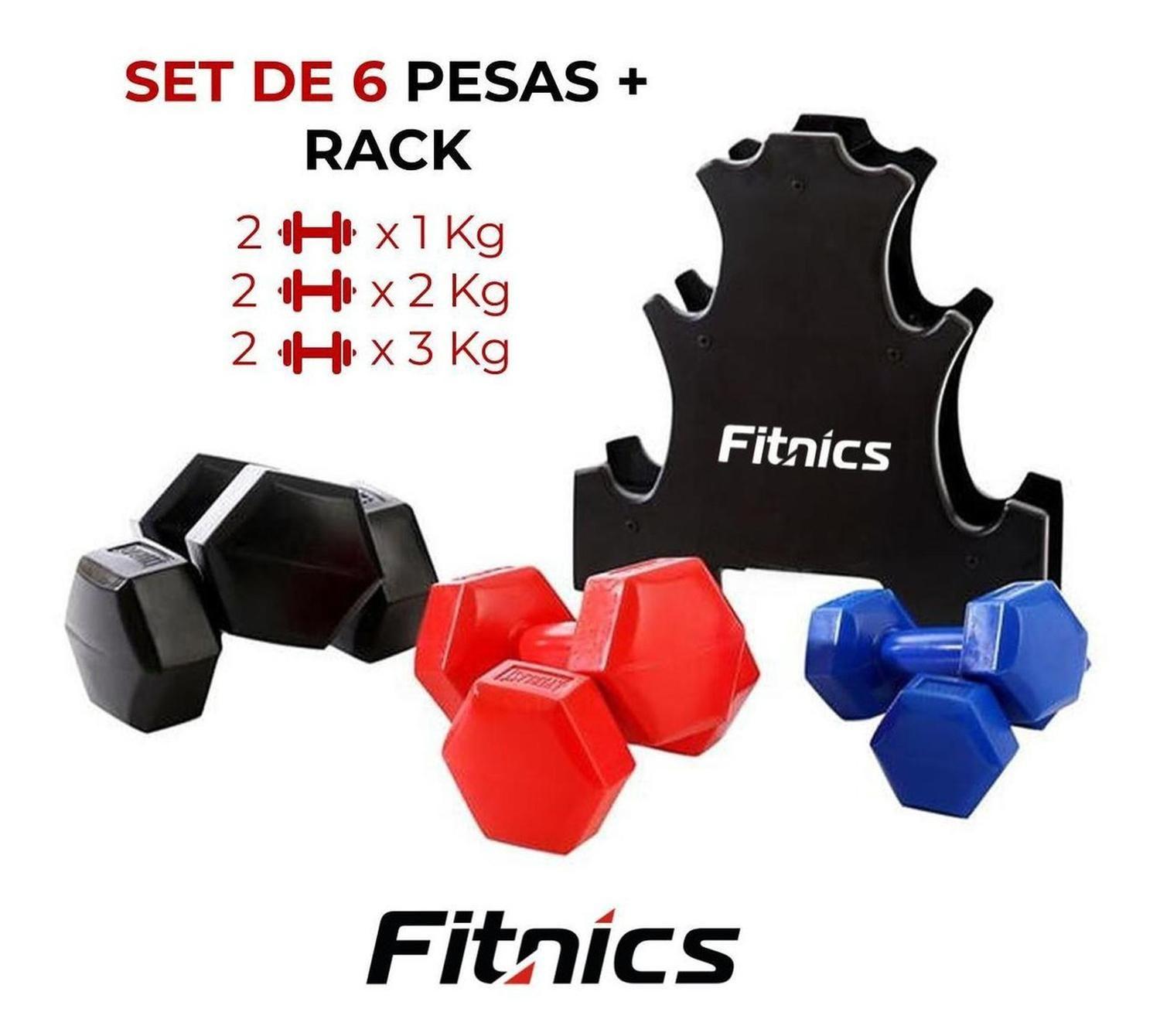 Mancuernas Set de 6 de 1, 2 y 3Kg Total 12 Kg +Rack Fitnics-1