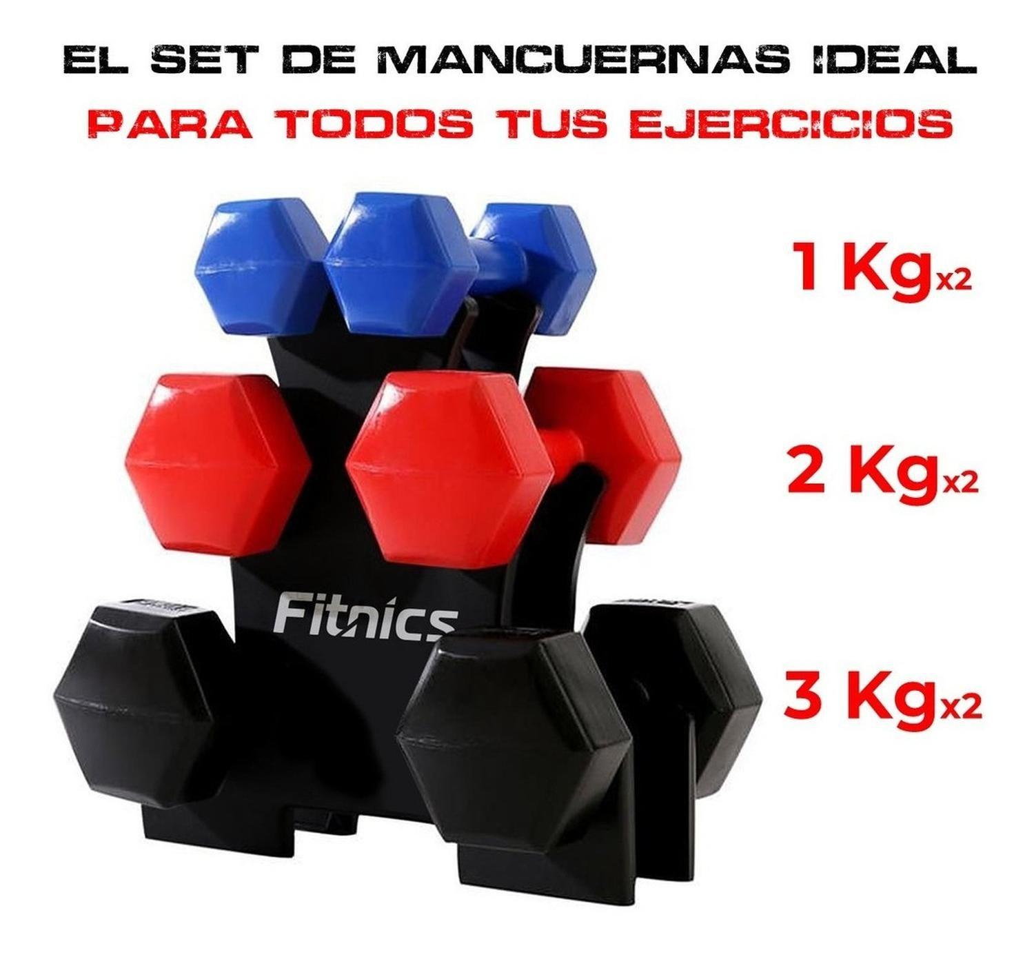 Mancuernas Set de 6 de 1, 2 y 3Kg Total 12 Kg +Rack Fitnics-2