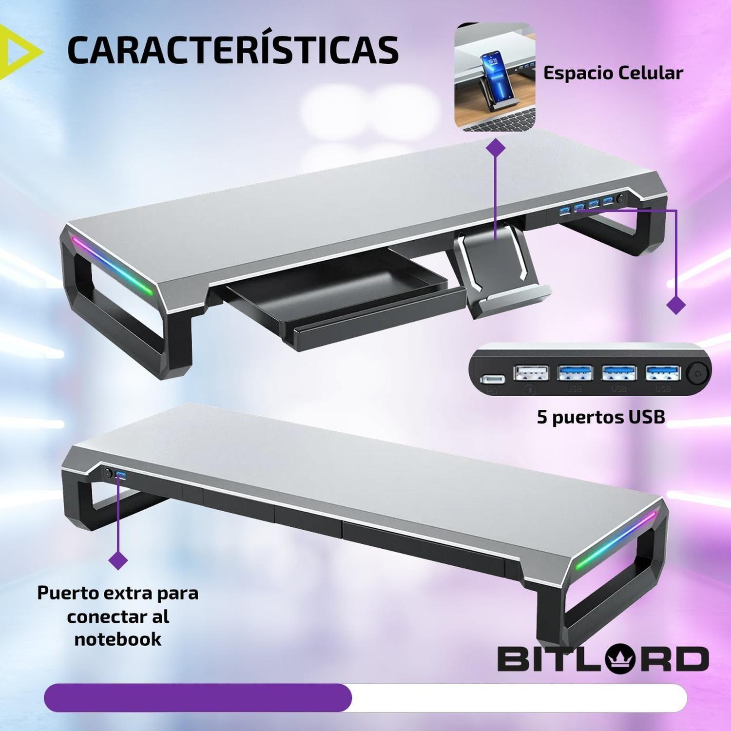 Soporte Monitor Notebook Rgb Escritorio Linkon Aluminio USB-3