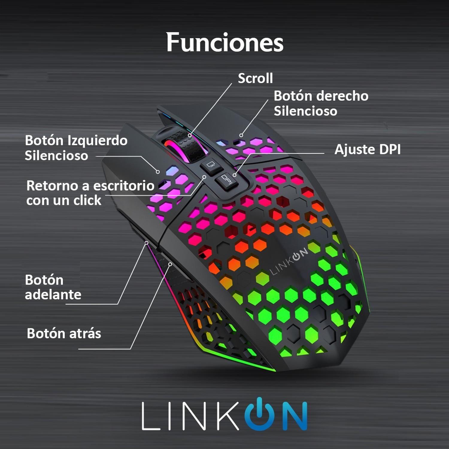 Mouse Gamer Inalambrico Recargable USB Windows Optico RGB Negro-4
