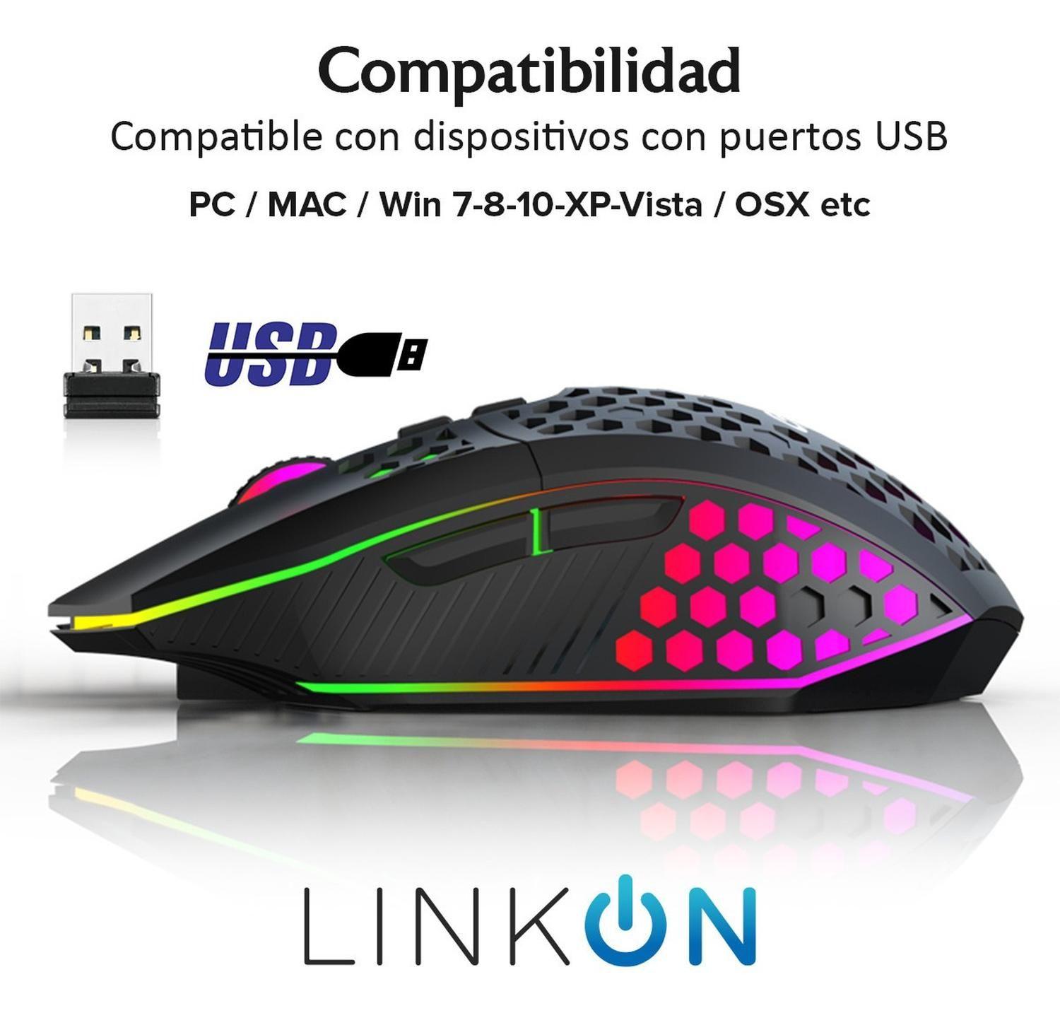 Mouse Gamer Inalambrico Recargable USB Windows Optico RGB Negro-5