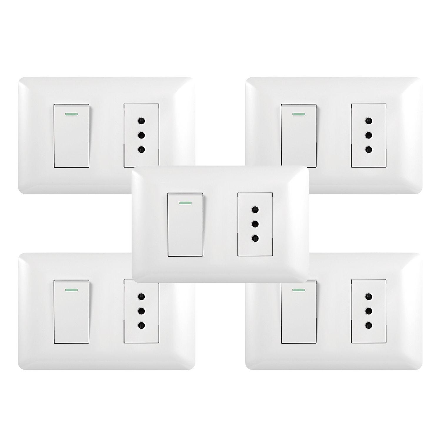 Pack 5 Tomacorriente Simple 10A 250V + Interruptor Simple 9/12 10A 250V Blanco-0