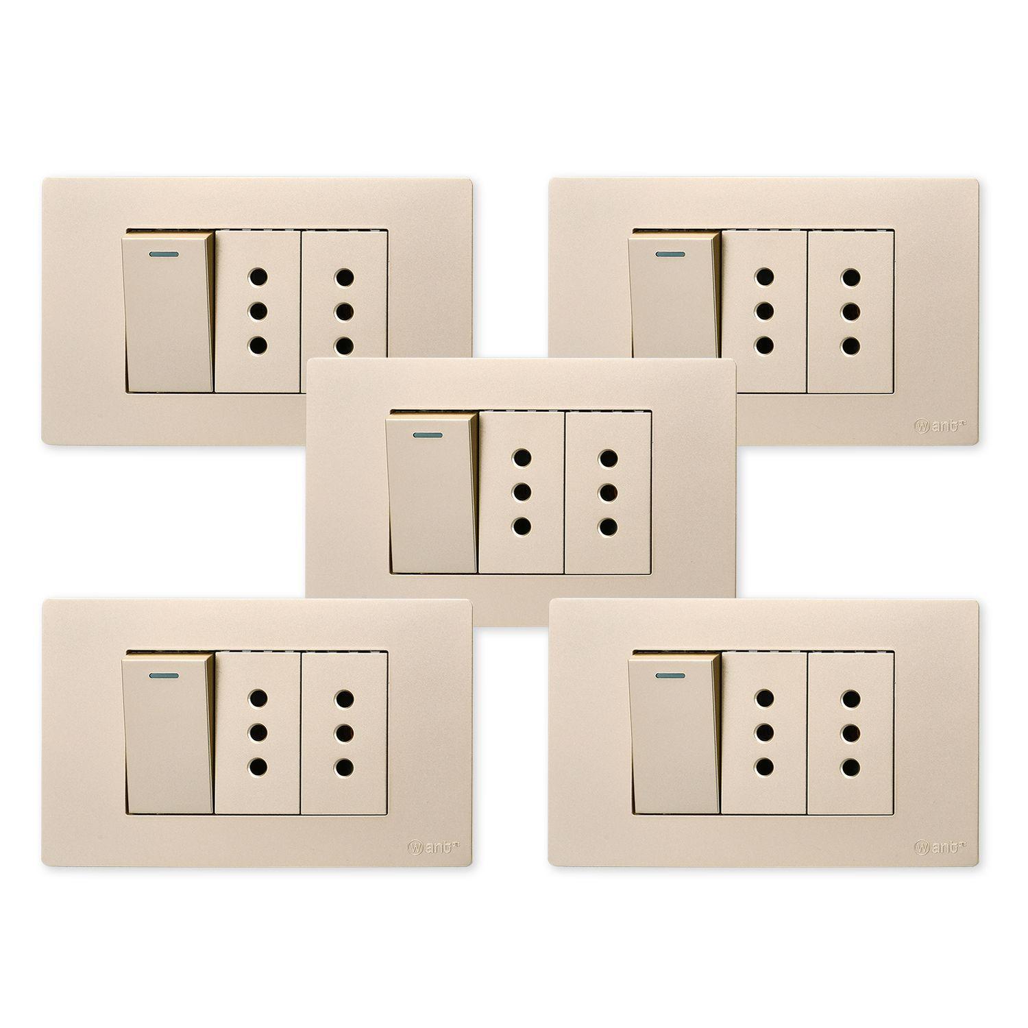 Pack 5 Interruptor 1* 9/12 16A y Tomacorriente 2* 10A - Dorado-0