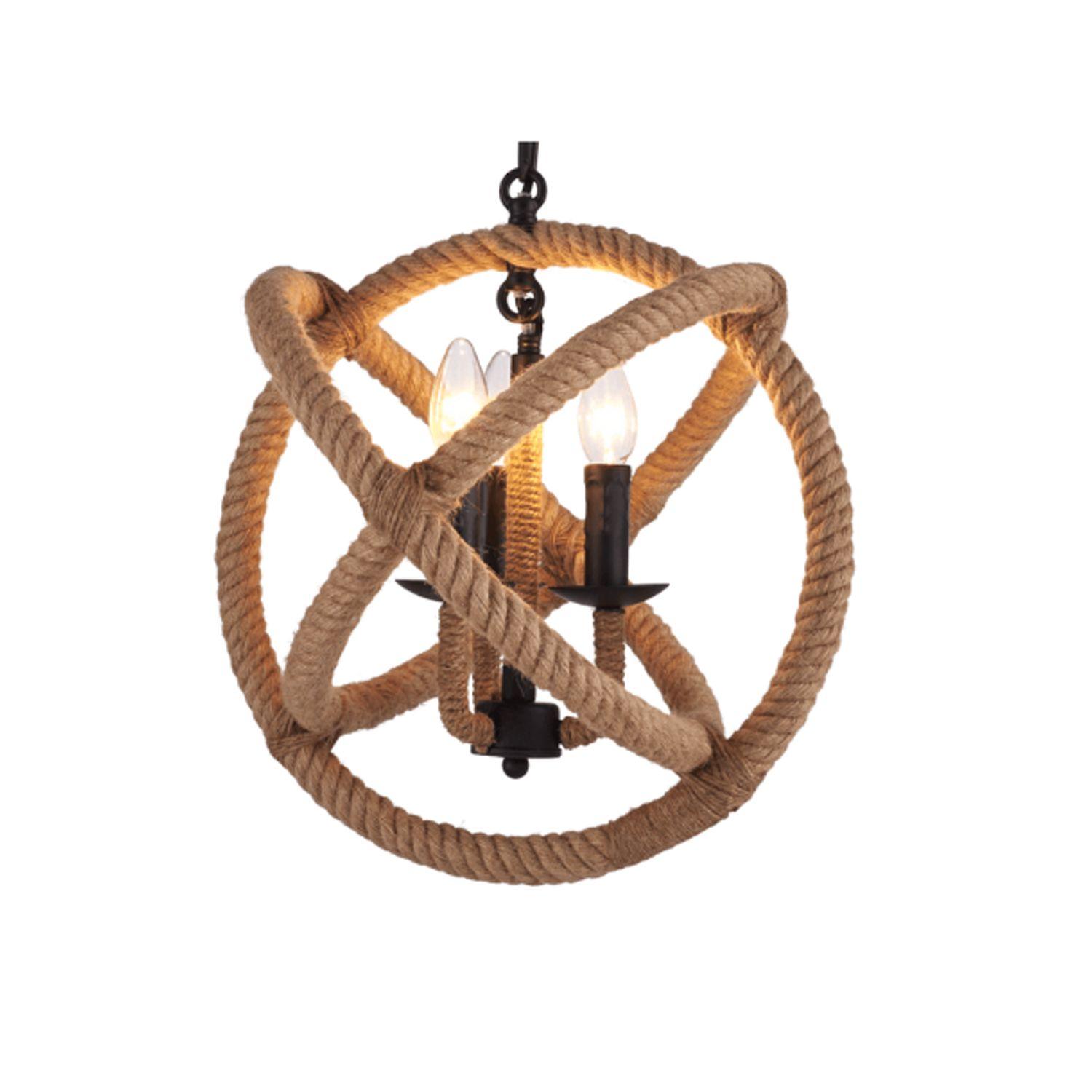 Lámpara Colgante Cáñamo Con Cadena Diseño Bola E-27 Ampolleta Fría-0