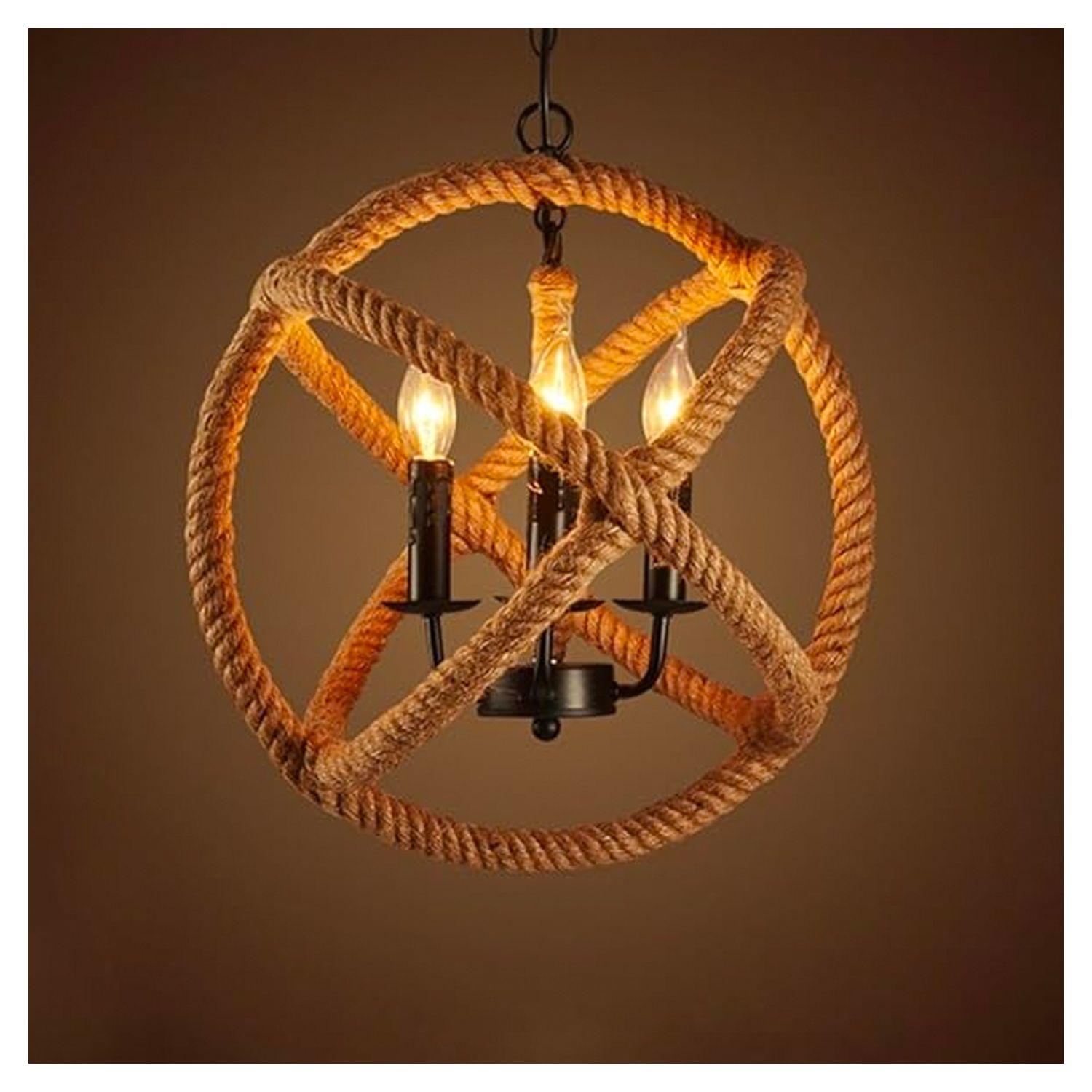 Lámpara Colgante Cáñamo Con Cadena Diseño Bola E-27 Ampolleta Fría-1