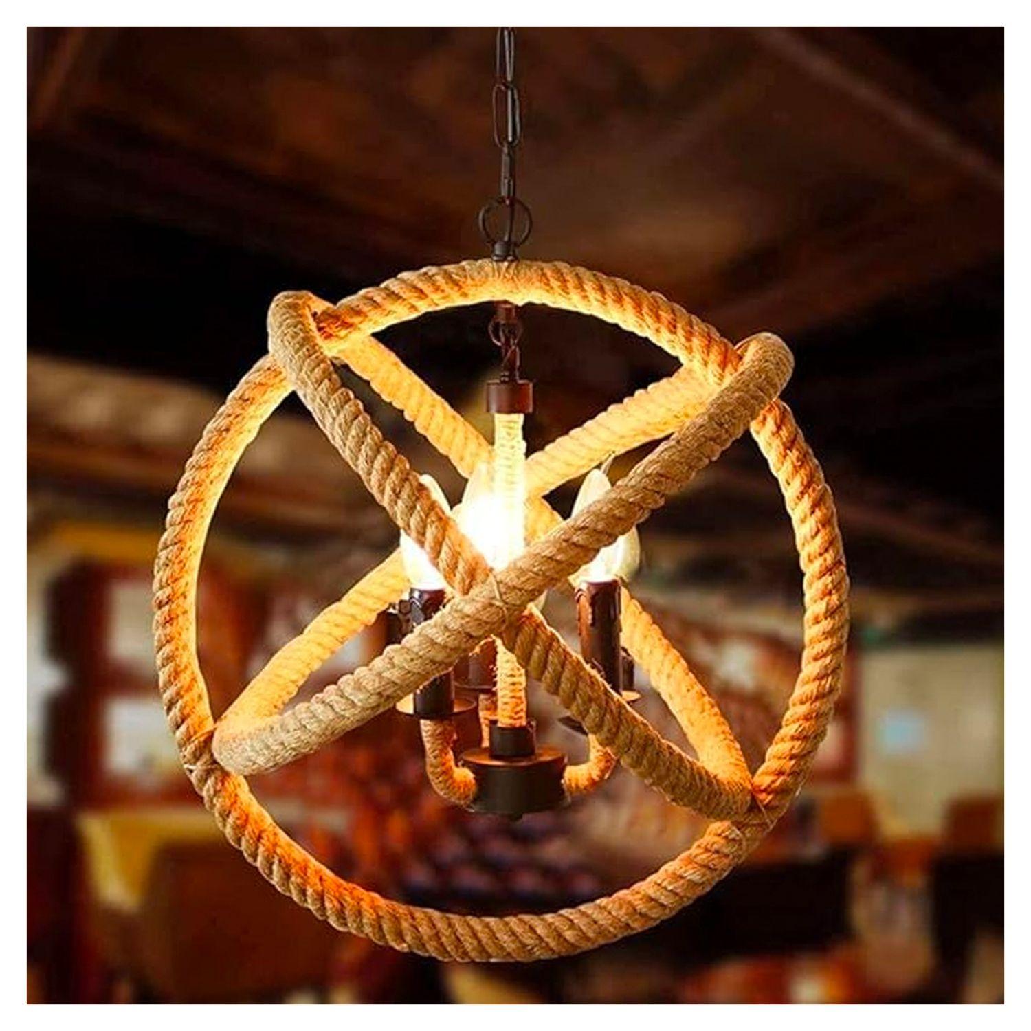 Lámpara Colgante Cáñamo Con Cadena Diseño Bola E-27 Ampolleta Cálida-2