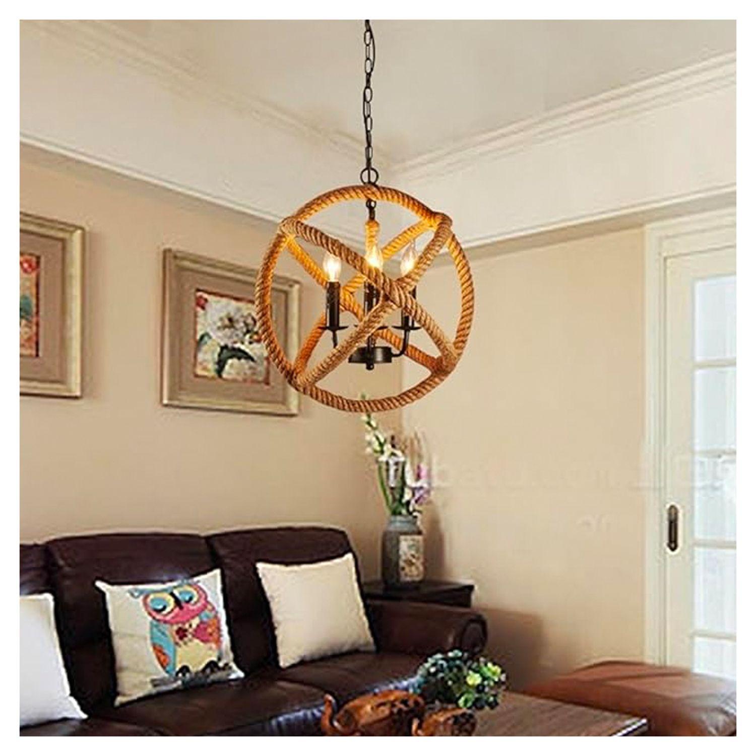 Lámpara Colgante Cáñamo Con Cadena Diseño Bola E-27 Ampolleta Cálida-5