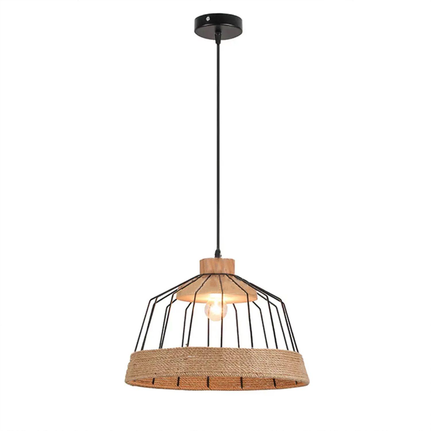 Lámpara Colgante E-27 Diseño Madera Con Cuerda Incluye Ampolleta Cálida-0
