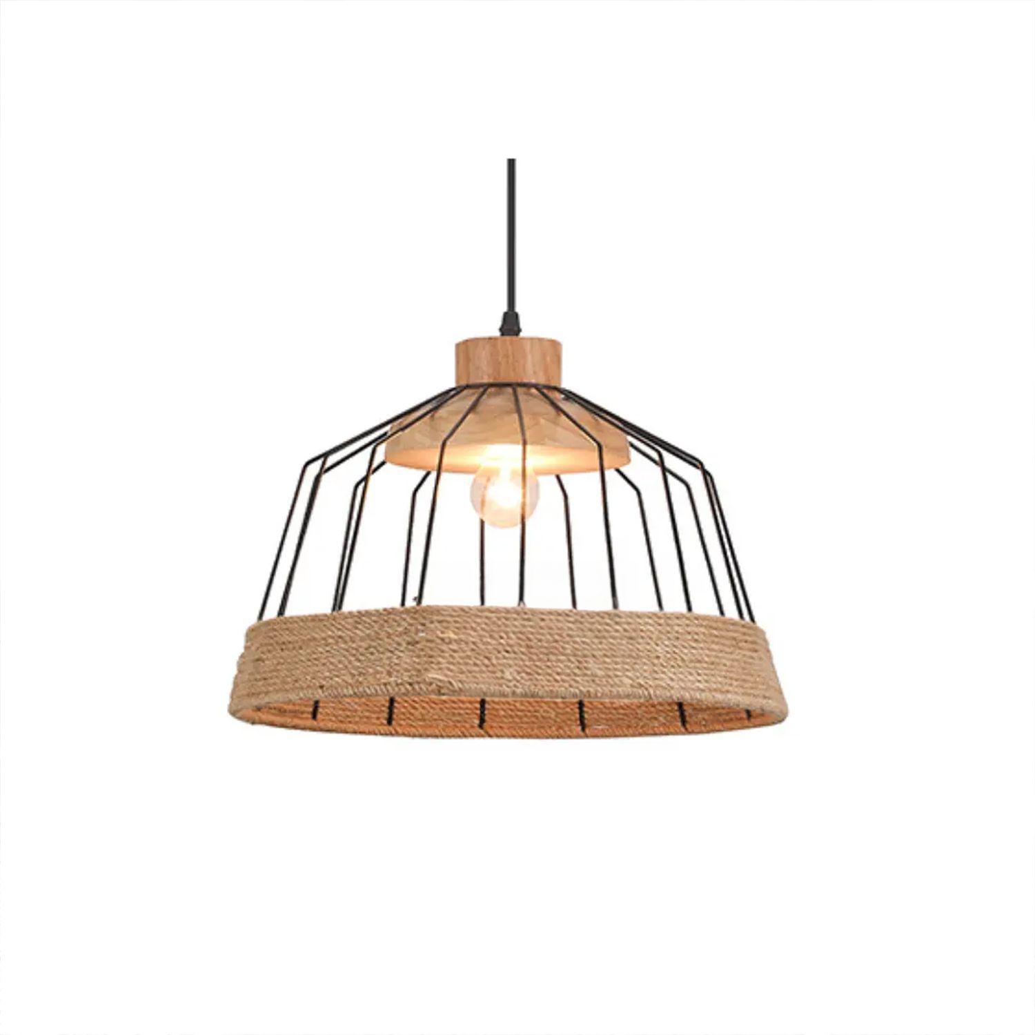 Lámpara Colgante E-27 Diseño Madera Con Cuerda Incluye Ampolleta Cálida-1