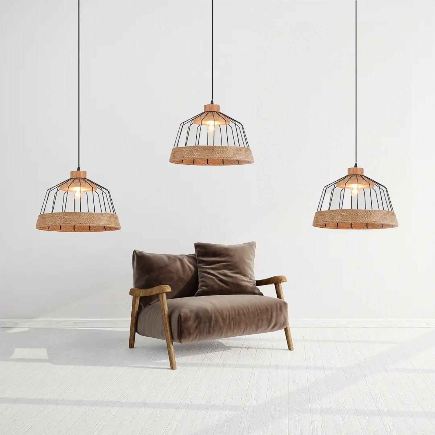 Lámpara Colgante E-27 Diseño Madera Con Cuerda Incluye Ampolleta Cálida-2