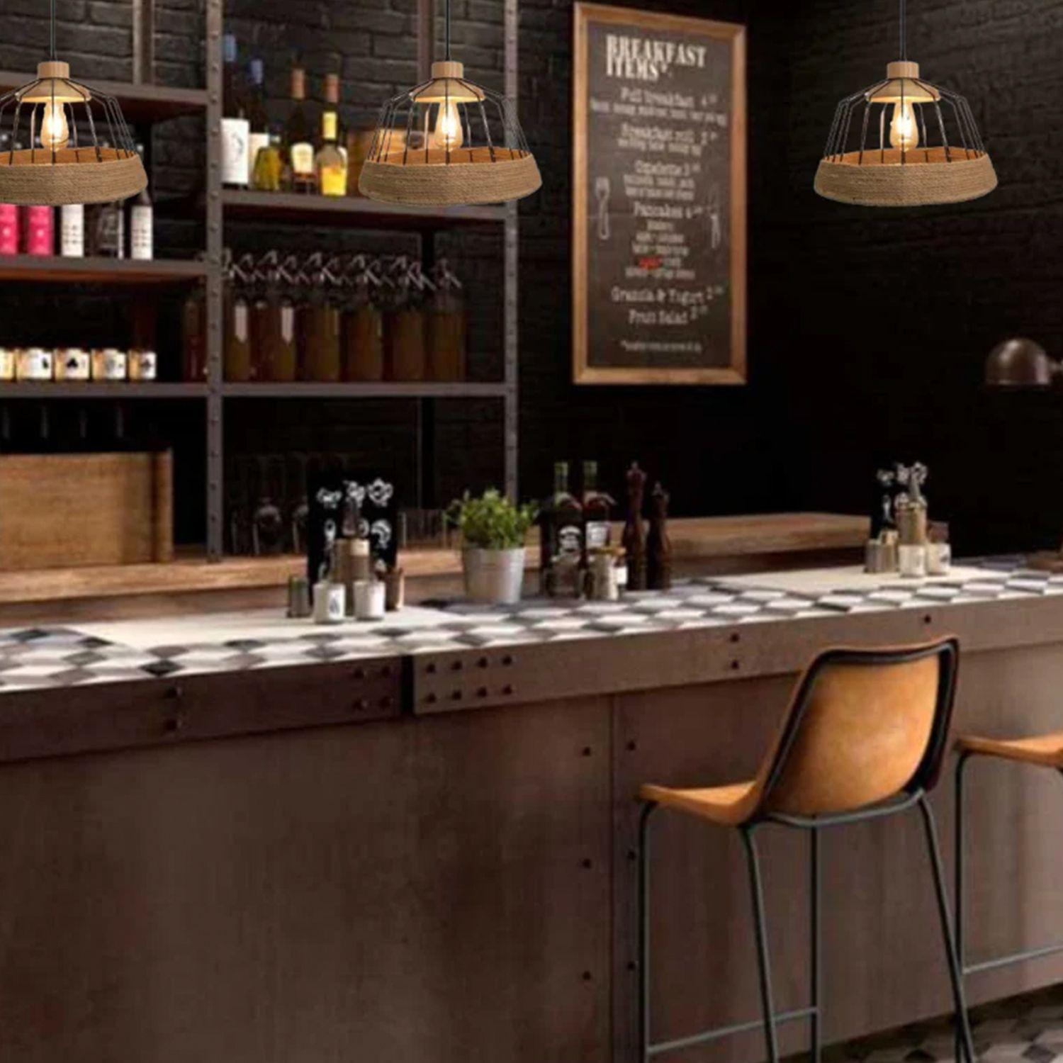 Lámpara Colgante E-27 Diseño Madera Con Cuerda Incluye Ampolleta Cálida-5