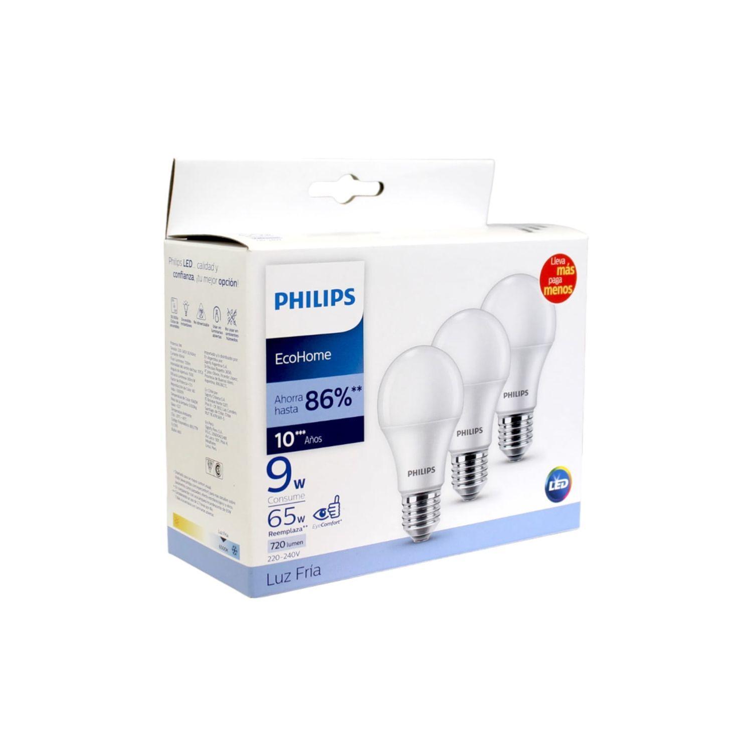 Pack 3 Ampolletas Philips Eco Home Led Bulb 9W E27 Luz Fría-2