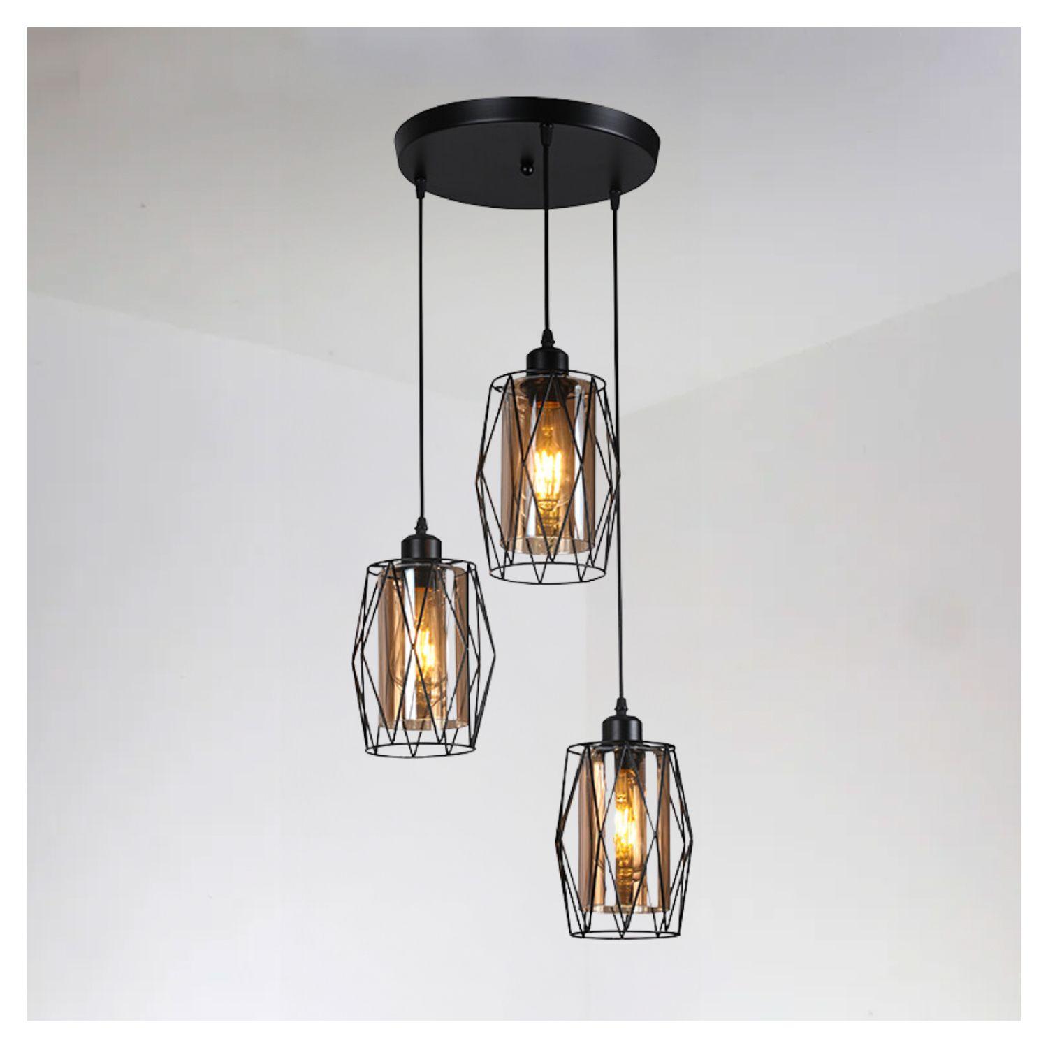 Lámpara Colgante Triple Pantalla Vidrio Base Redonda E-27 Ampolleta Cálida-3