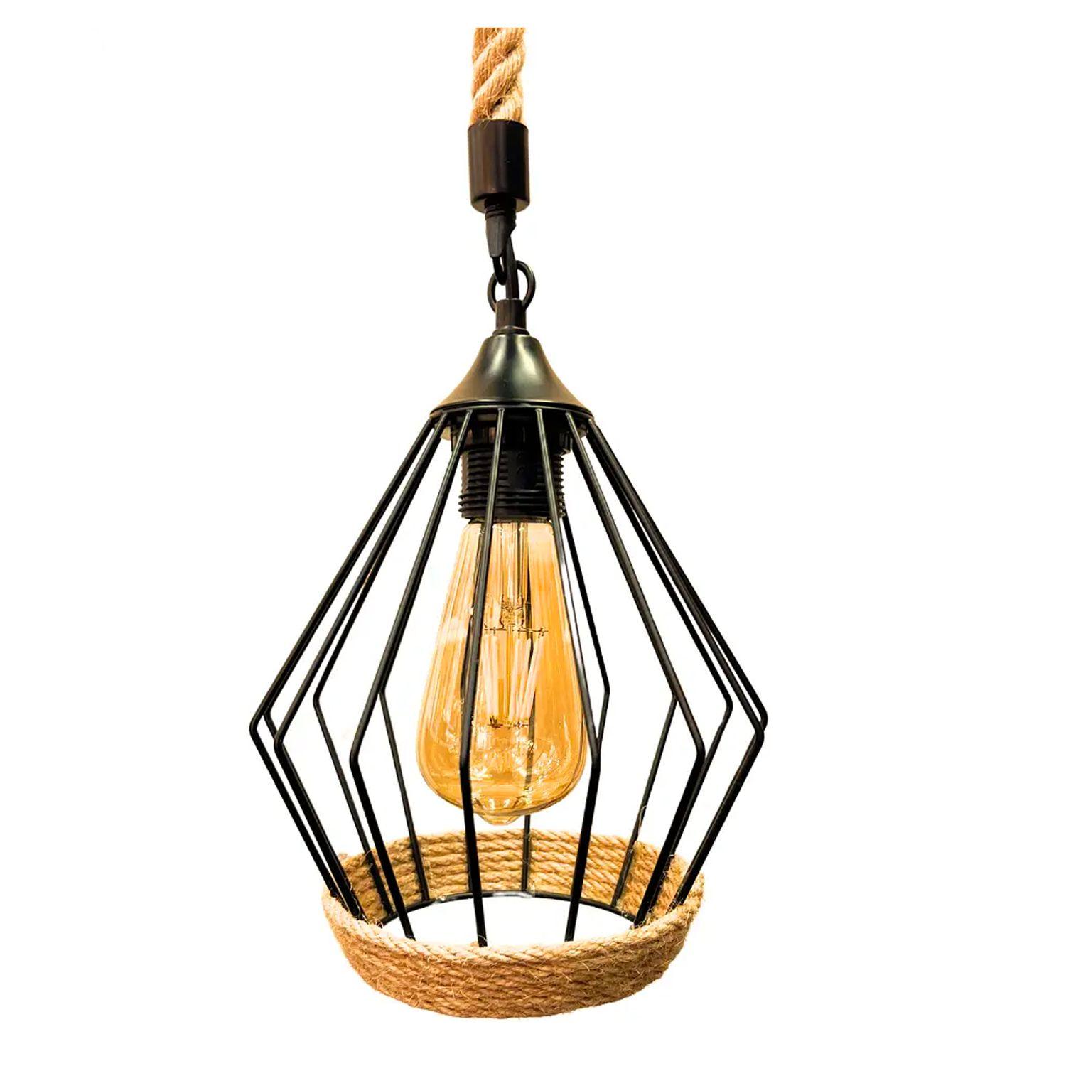 Lámpara Colgante Cáñamo Diseño Diamante Negro E-27 Ampolleta Cálida-1
