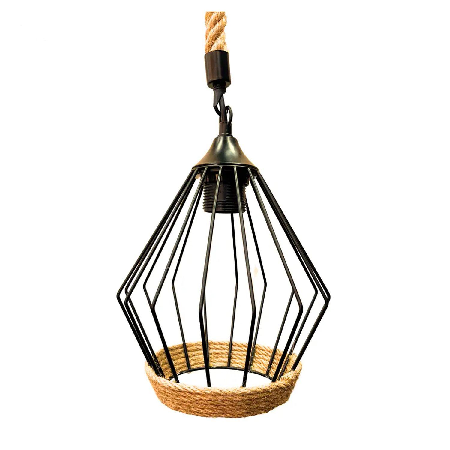 Lámpara Colgante Cáñamo Diseño Diamante Negro E-27 Ampolleta Cálida-2