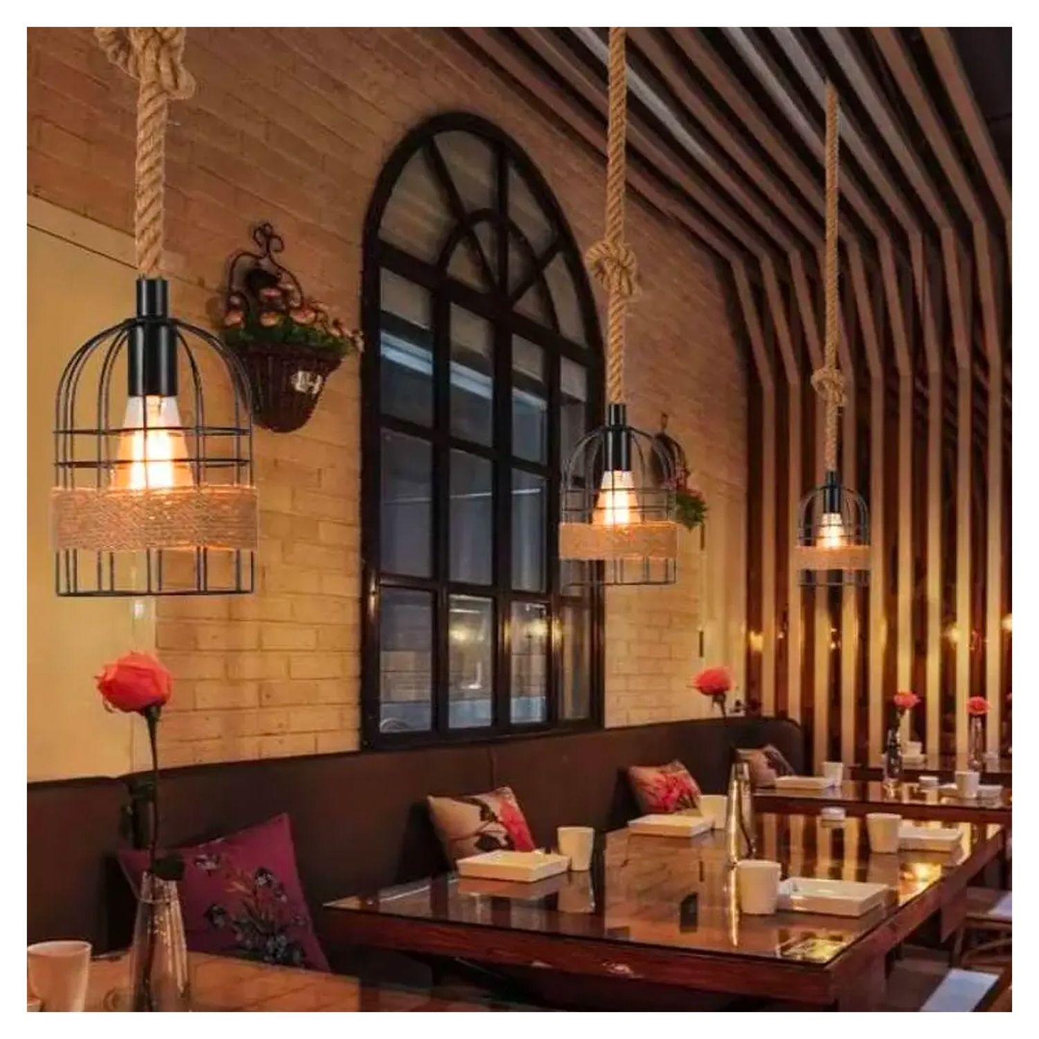 Lámpara Colgante Diseño Jaula Con Cáñamo E-27 Ampolleta Cálida-5