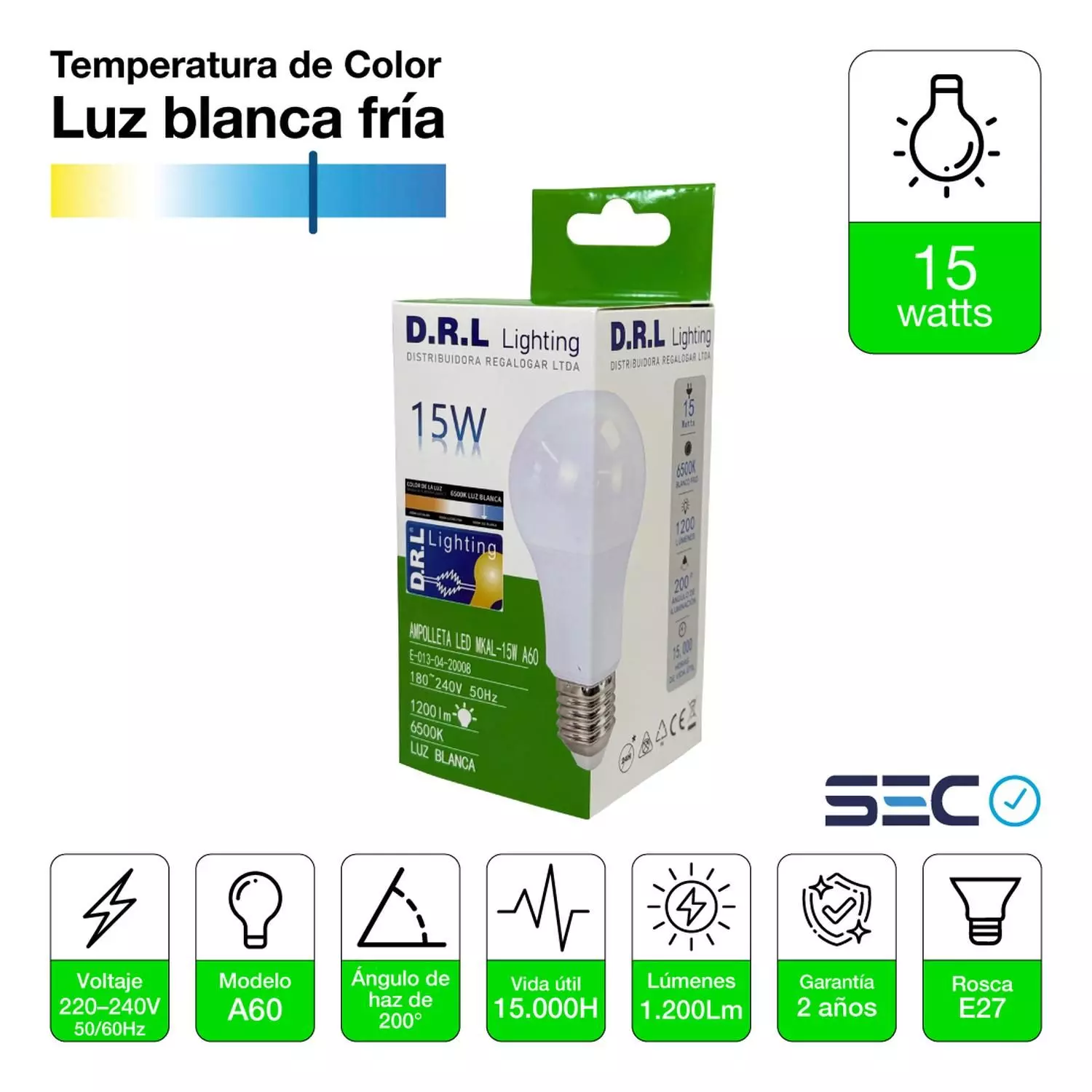 Pack 20 Ampolleta Drl Led A60 15w 1200lm 6500k Blanca Frío Blanco Frío-2