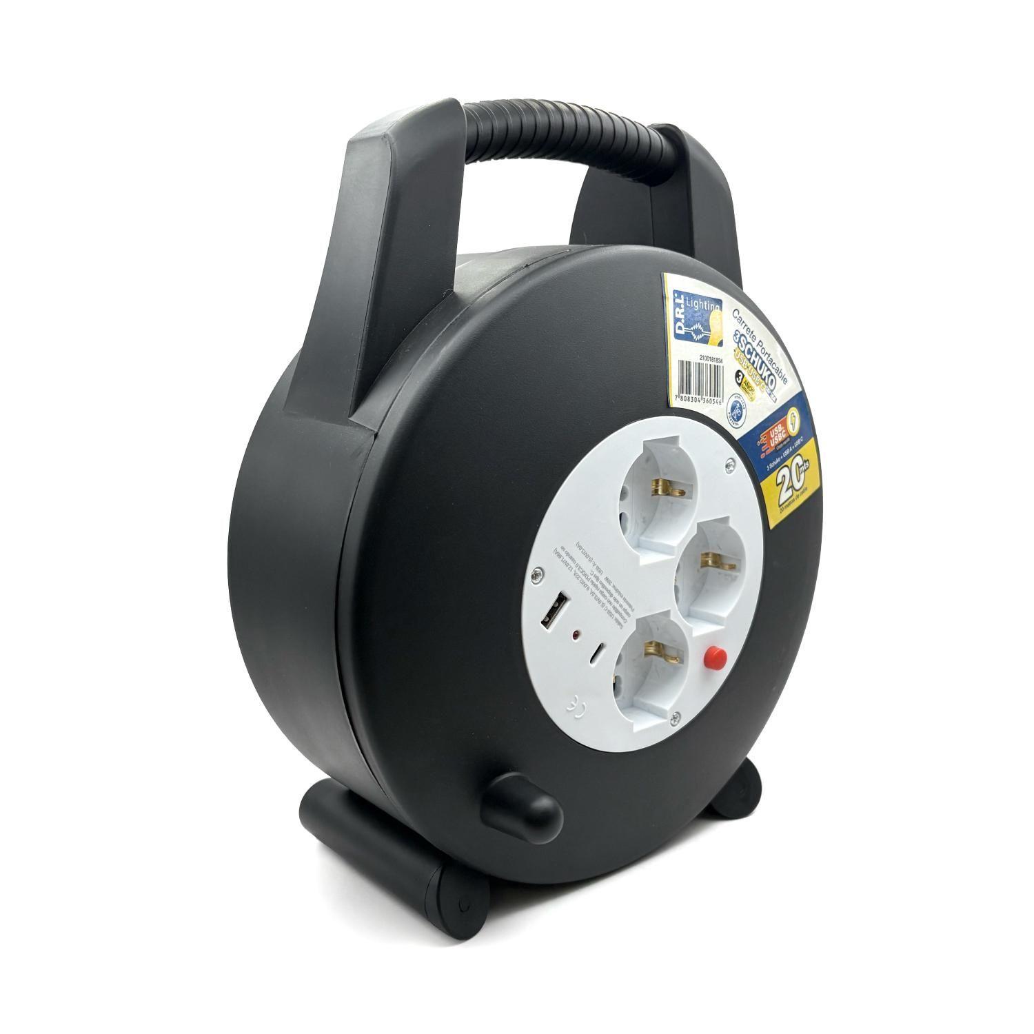 Carrete alargador portátil 20M DRL 3 enchufe+schuko+USB+USBC 10/16A-2