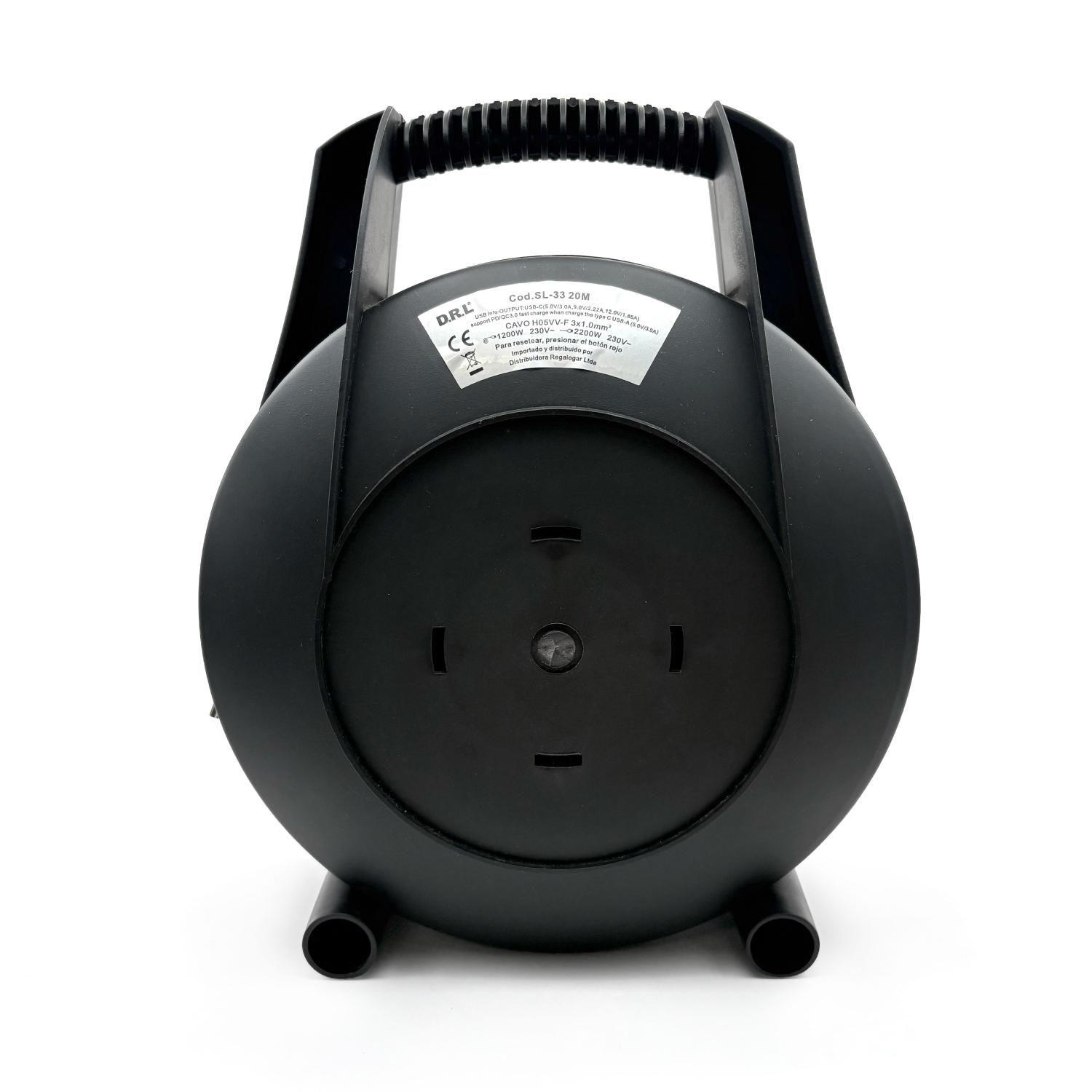 Carrete alargador portátil 20M DRL 3 enchufe+schuko+USB+USBC 10/16A-3