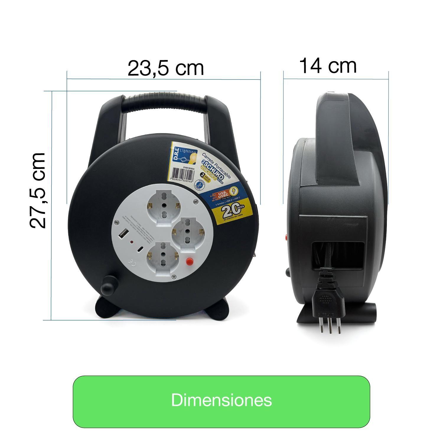 Carrete alargador portátil 20M DRL 3 enchufe+schuko+USB+USBC 10/16A-5