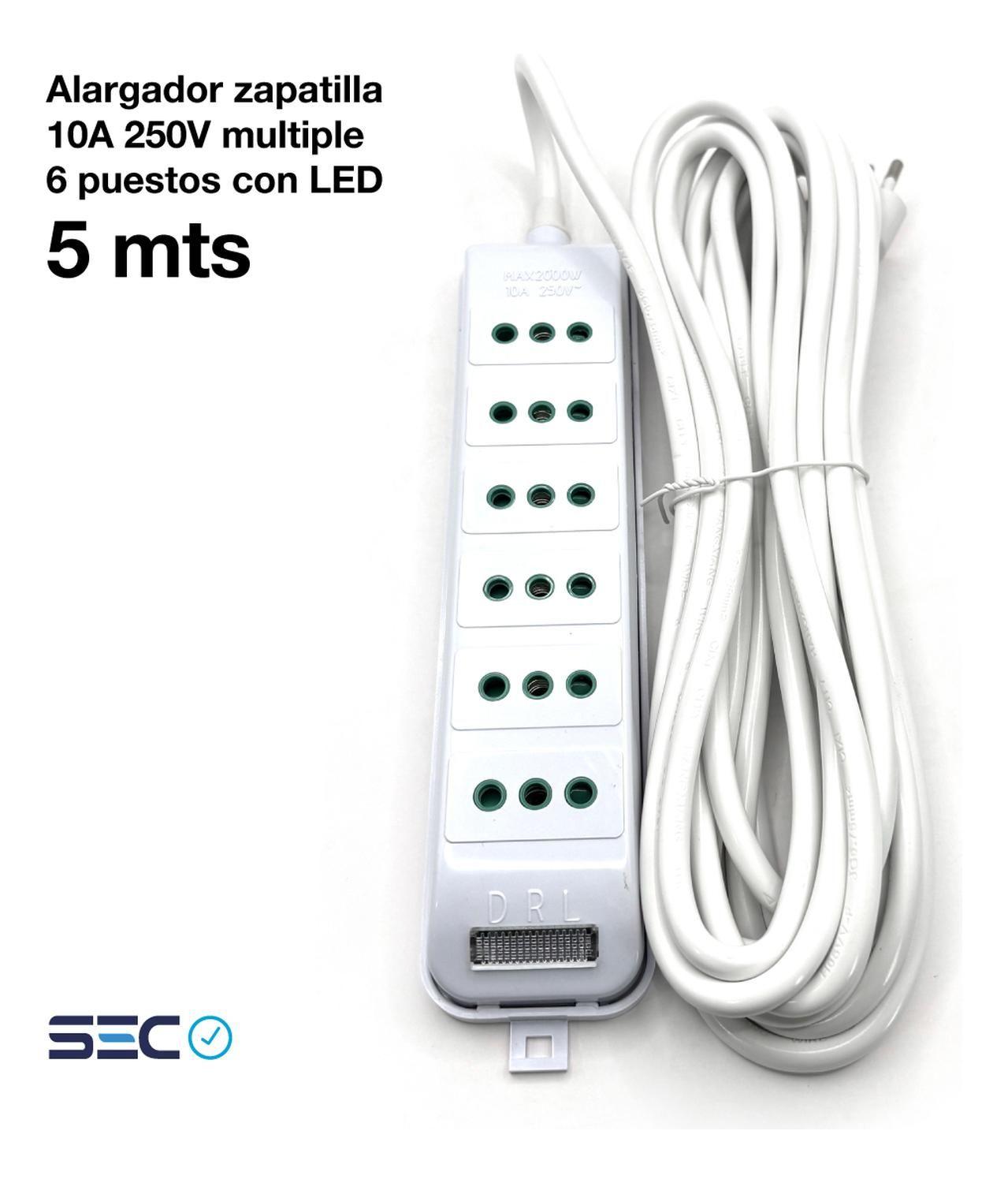 Alargador Múltiple 5mts 10a Zapatilla 6 Posiciones Led Sec Blanco-1