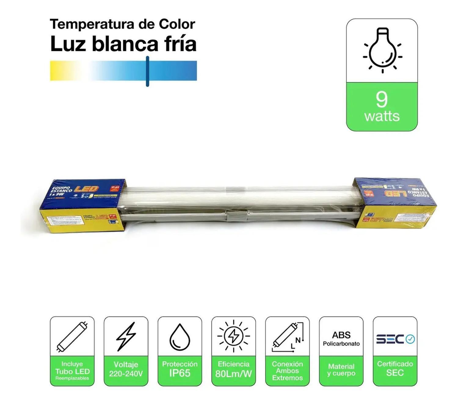 Equipo Estanco Led 1x9w Ip65 60cm + Tubo Led Luz Fría Sec-1