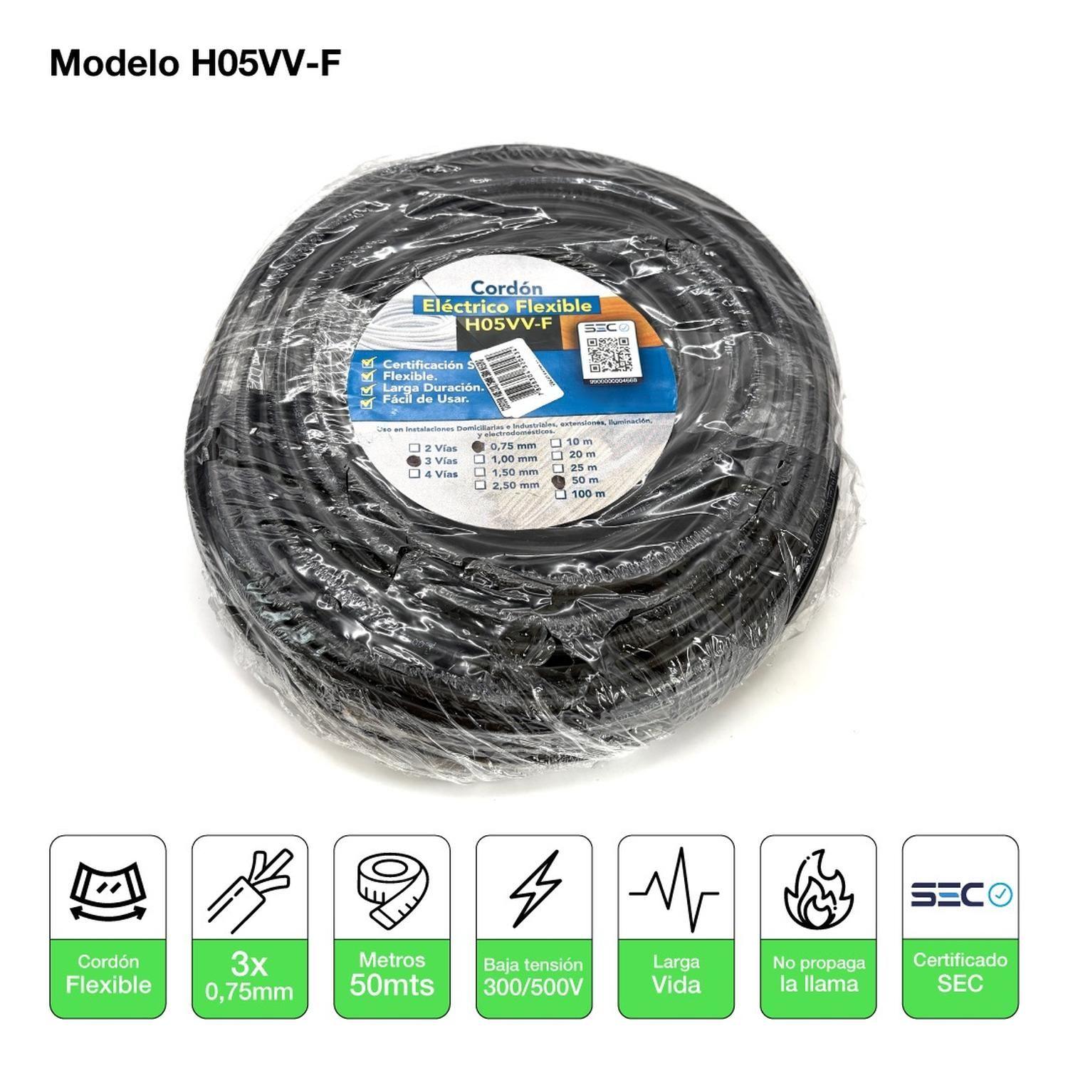 Cable Cordón Eléctrico Sil Flexible 3x0,75mm2 50m Negro Sec Negro-1