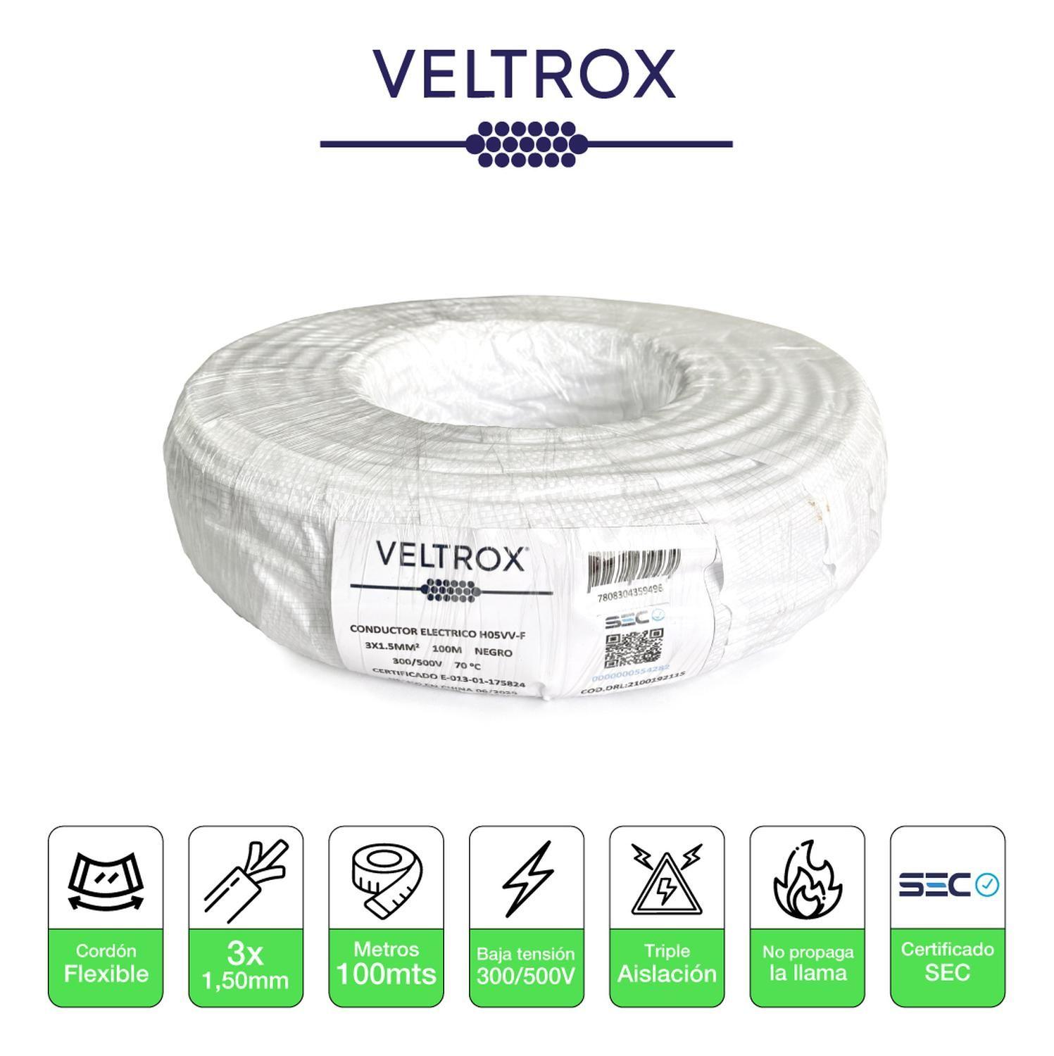Cordón Eléctrico Veltrox Flexible 3x1,50mm2 100m Negro Sec Negro-1