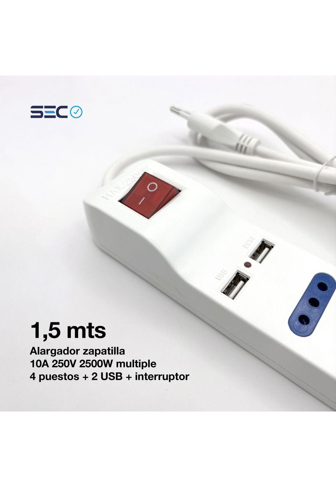Alargador Zapatilla 1,5mts 10a 4p + 2 Usb + Interruptor Sec Blanco-2