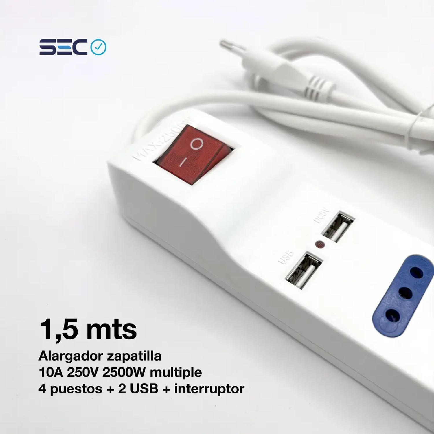 Alargador Zapatilla 1,5mts 10a 4p + 2 Usb + Interruptor Sec Blanco-2