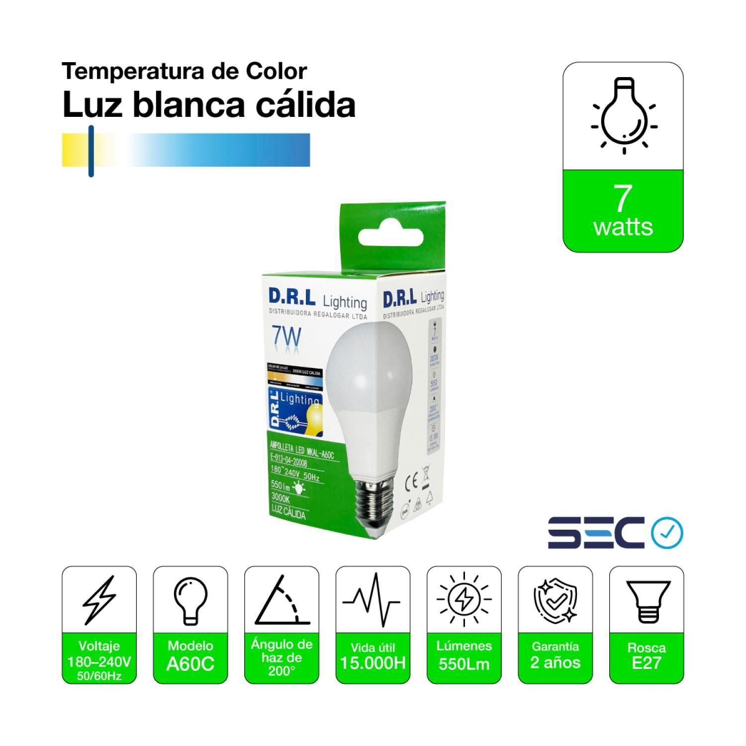 Ampolleta Led Drl 7w 550lm 220v 3000k cálida Pack 10-1