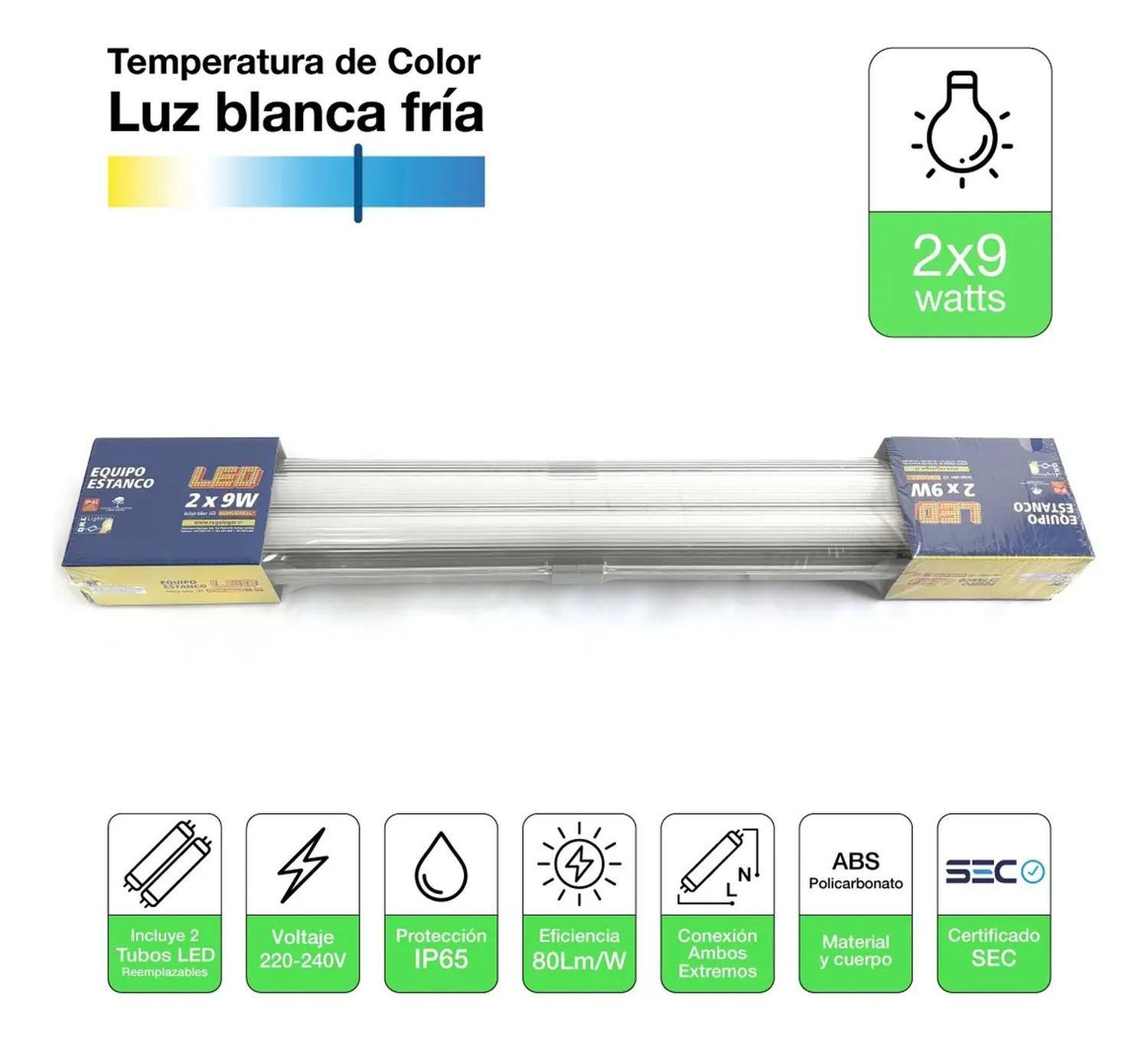 Equipo Estanco Led 2x9w Ip65 60cm + 2 Tubos Led Luz Fría Sec-1