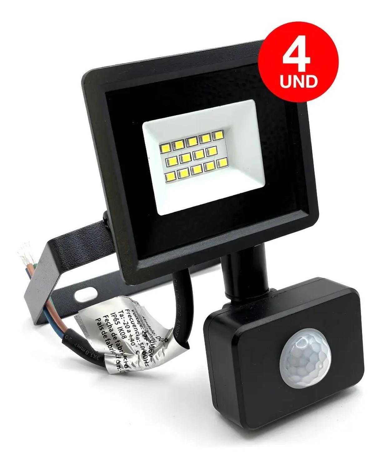 Pack 4 Foco Proyector Led Reflector Con Sensor 10w Ip65 Fría Negro Blanco Frío-0
