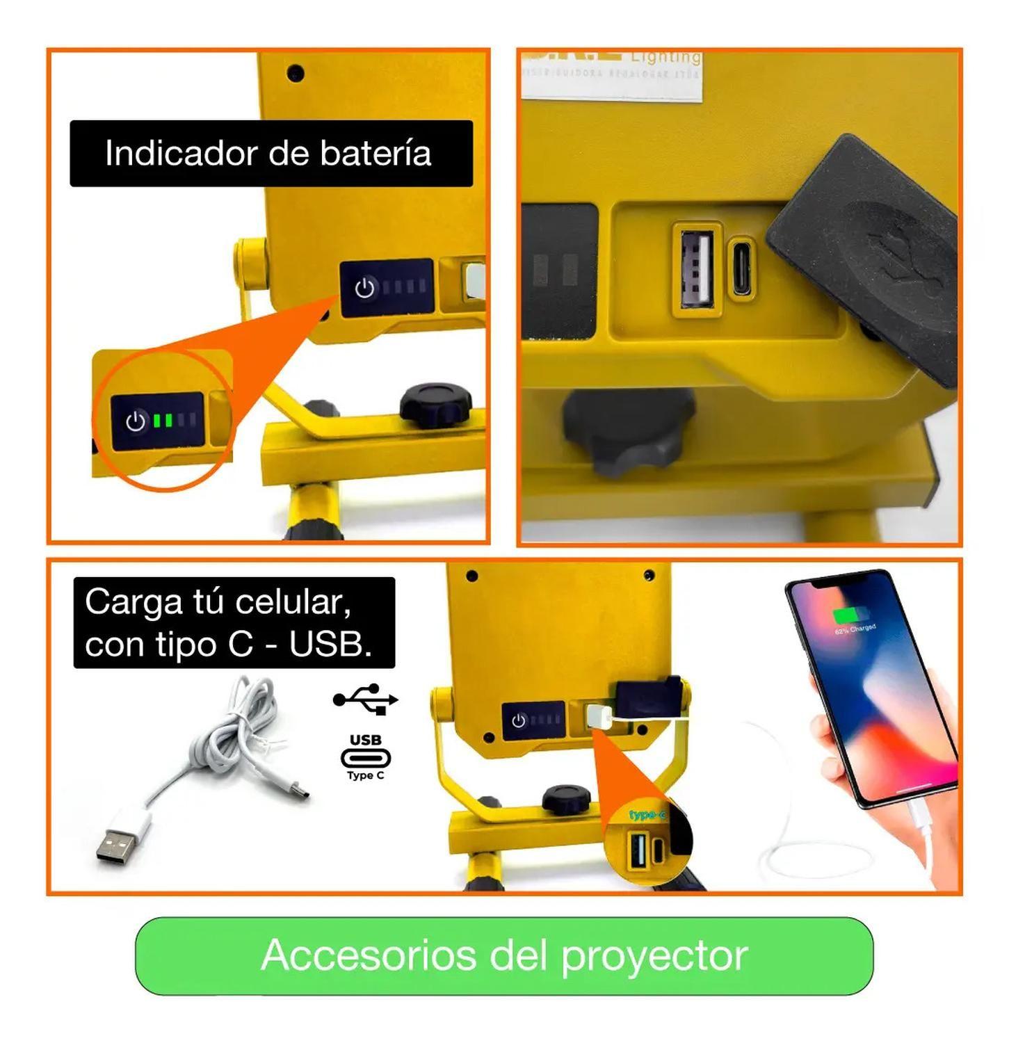 Proyector Multiproposito Recargable 10w 1200lm Ip54 Usb Frío Amarillo Blanco Frío-3