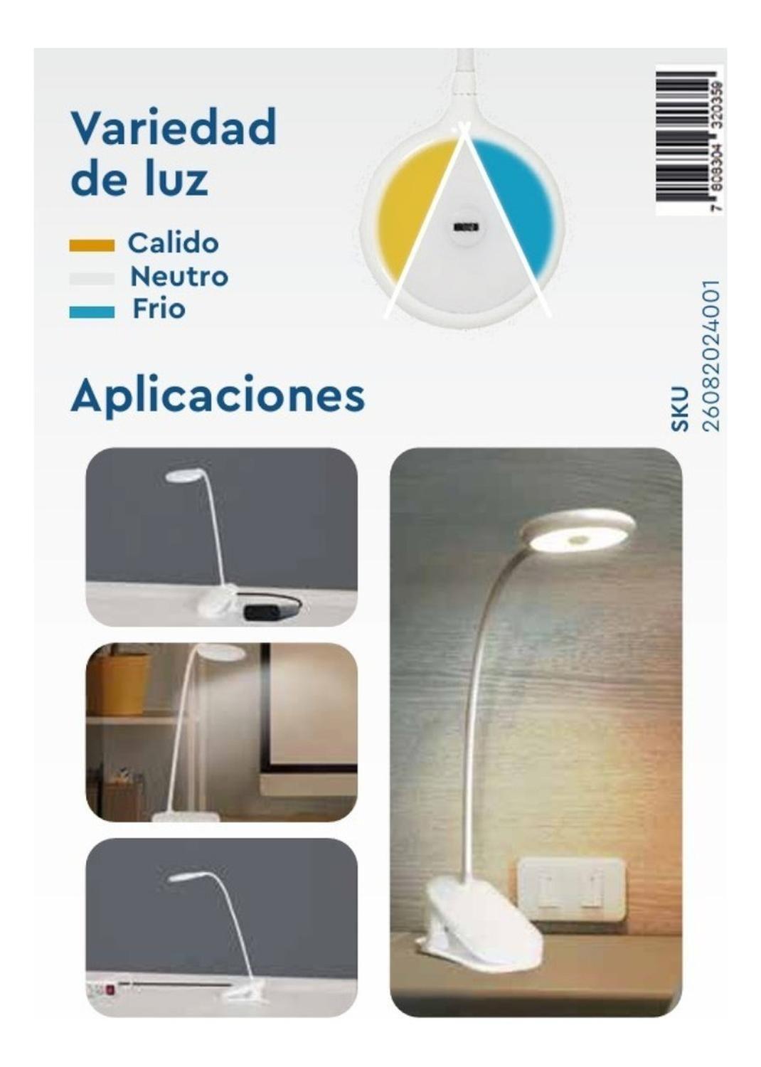 Lámpara Mesa-escritorio Recargable Clip 3 Tonos Luz Sensor Blanco-5