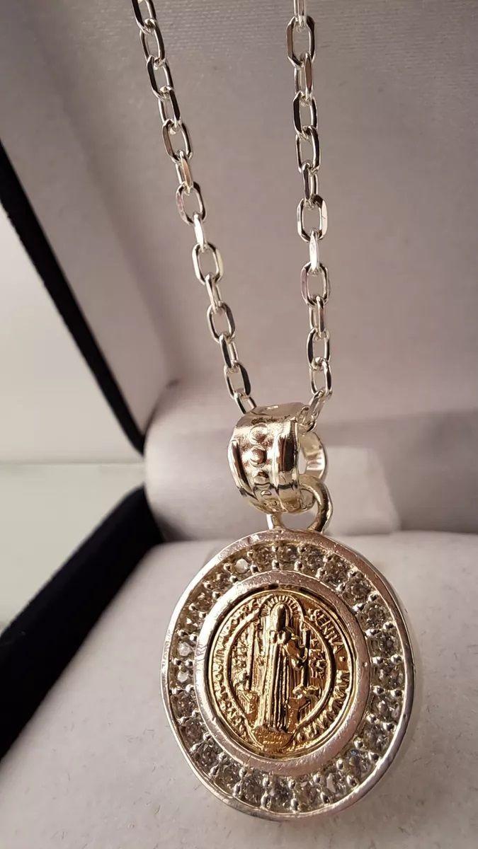 MEDALLA SAN BENITO PLATA 925 Y ORO 14k CON CIRCONES + CADENA LIMADA-2