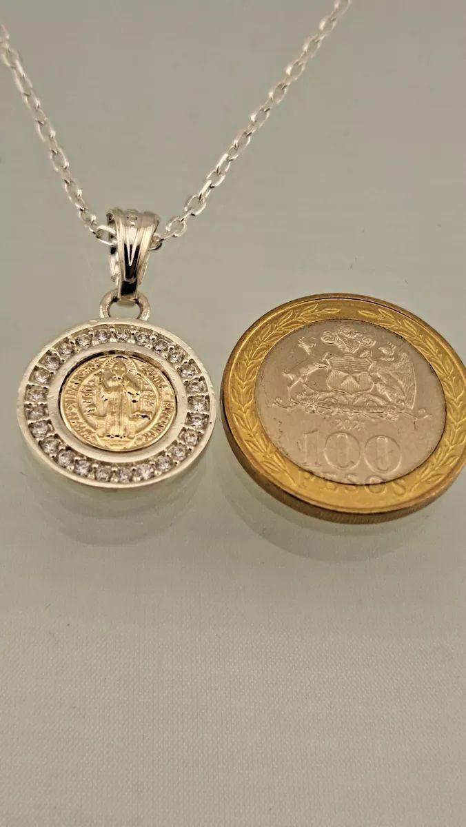 MEDALLA SAN BENITO PLATA 925 Y ORO 14k CON CIRCONES + CADENA LIMADA-3