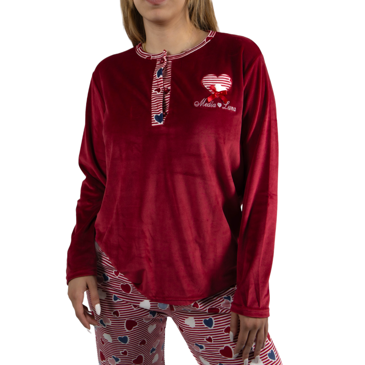 Pijama Media Luna Mujer Plush Manga Larga Diseño Corazón-3