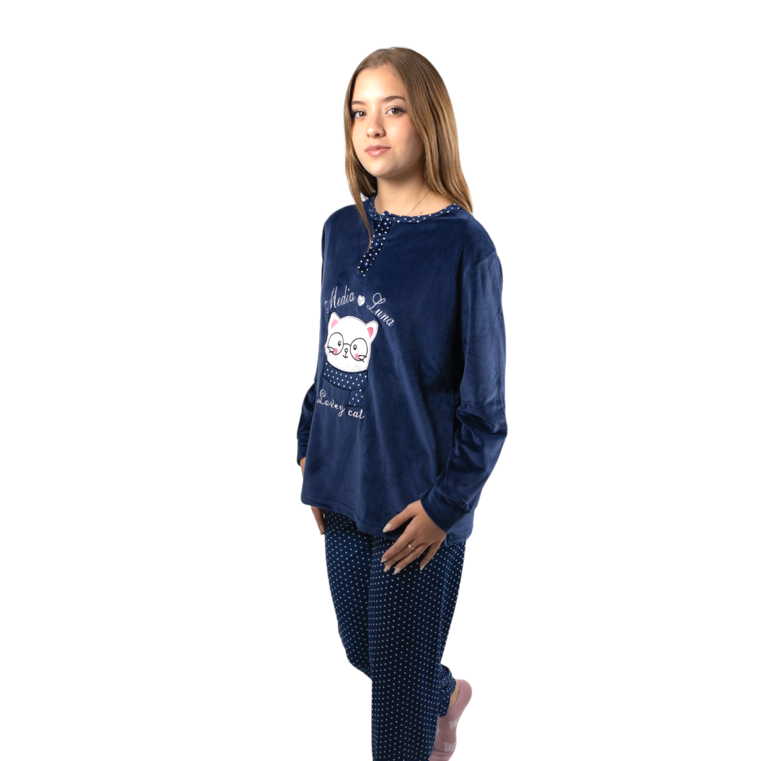 Pijama Media Luna Mujer Plush Manga Larga Diseño Gatito Lentes-0