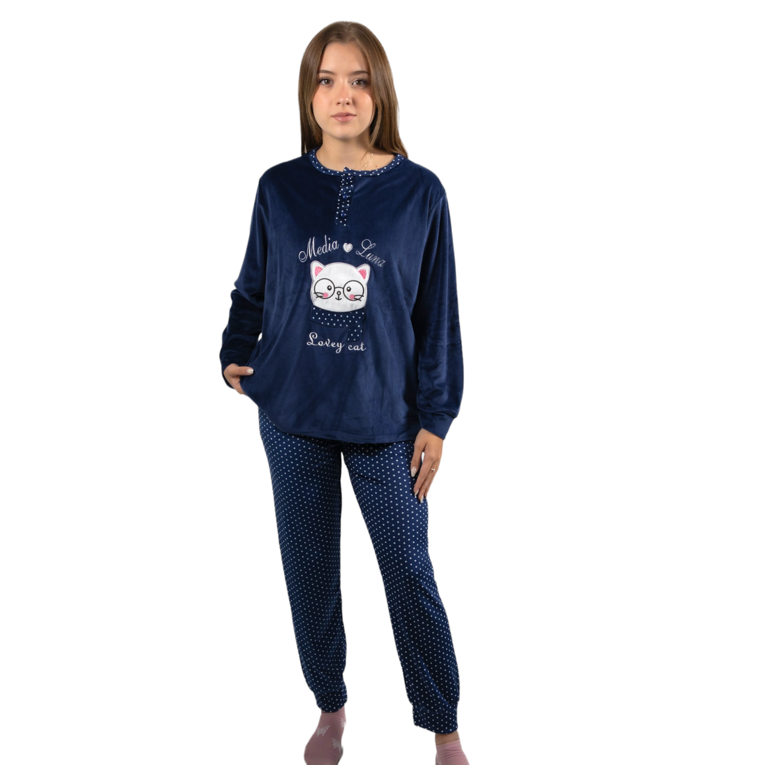 Pijama Media Luna Mujer Plush Manga Larga Diseño Gatito Lentes-1