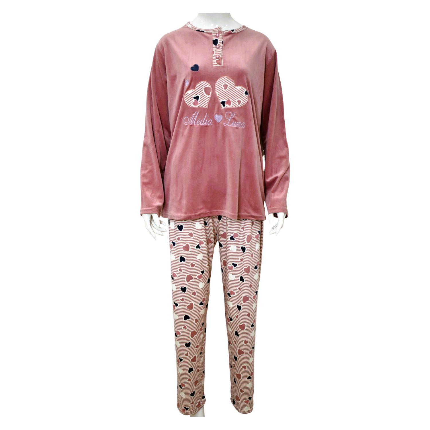 Pijama Media Luna Mujer Plush Manga Larga Diseño Par de Corazones-0