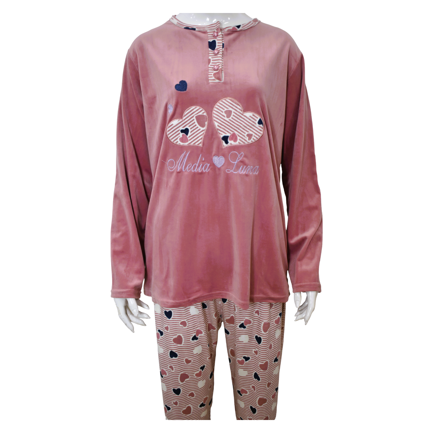 Pijama Media Luna Mujer Plush Manga Larga Diseño Par de Corazones-2
