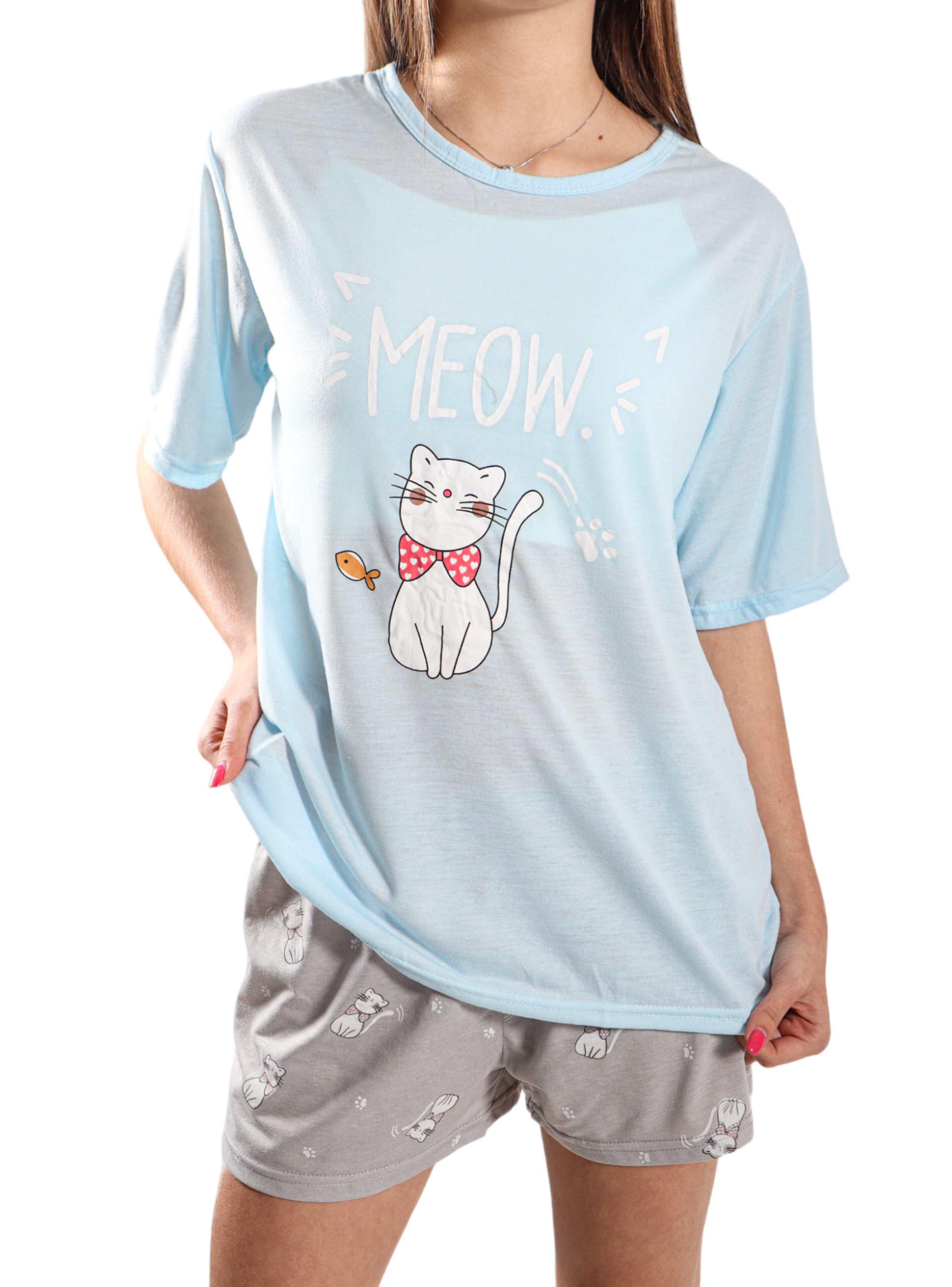 Pijama Mujer Polera Manga Corta y Short Diseño Gatito Meow-1