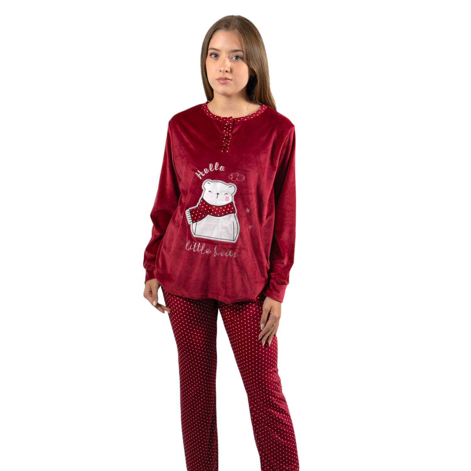 Pijama Media Luna Mujer Plush Manga Larga Diseño Oso Polar Lunares-2