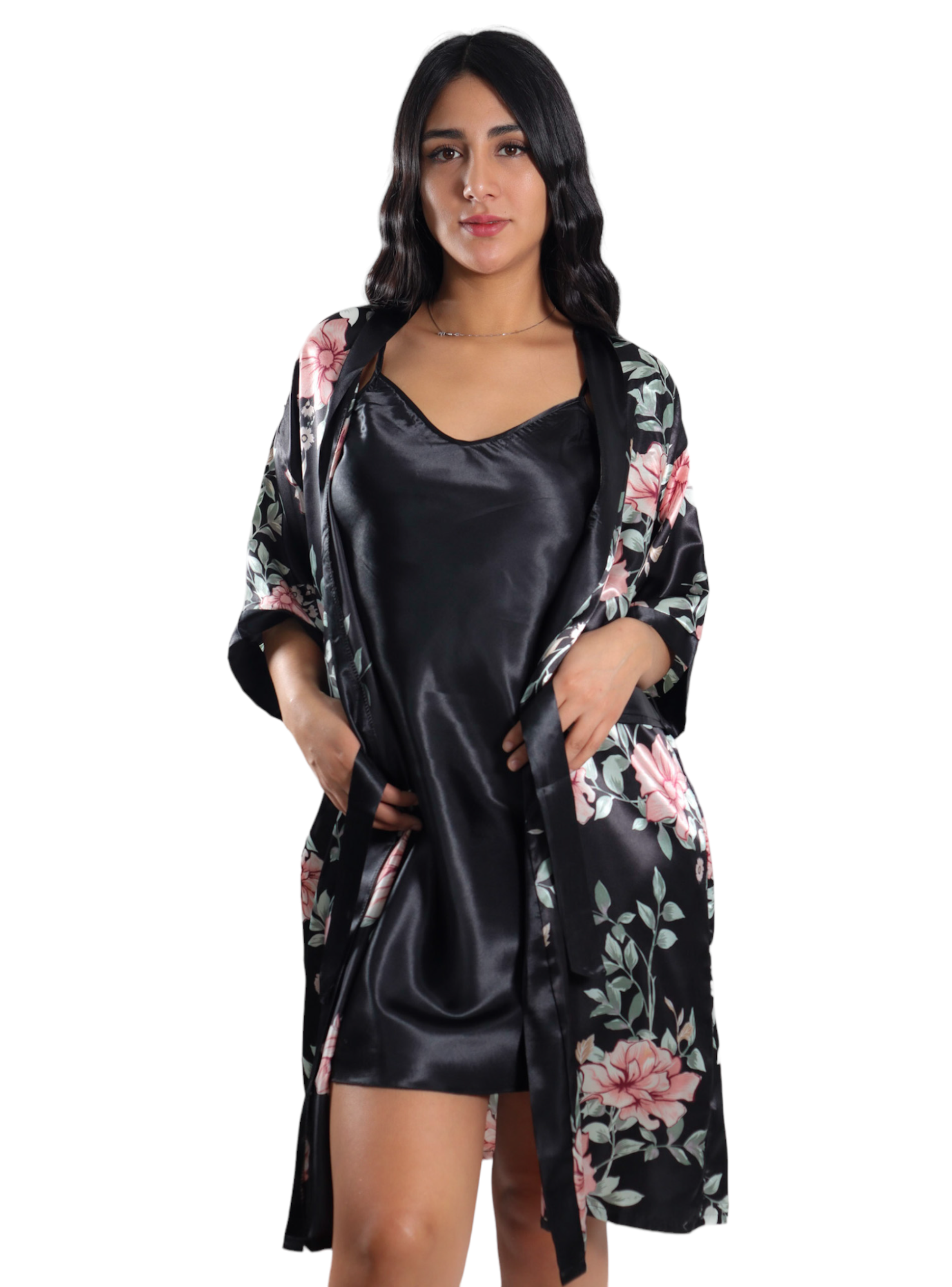 Pijama Camisola Corta de Tirantes Y Bata Satinada Diseño Floreado-1