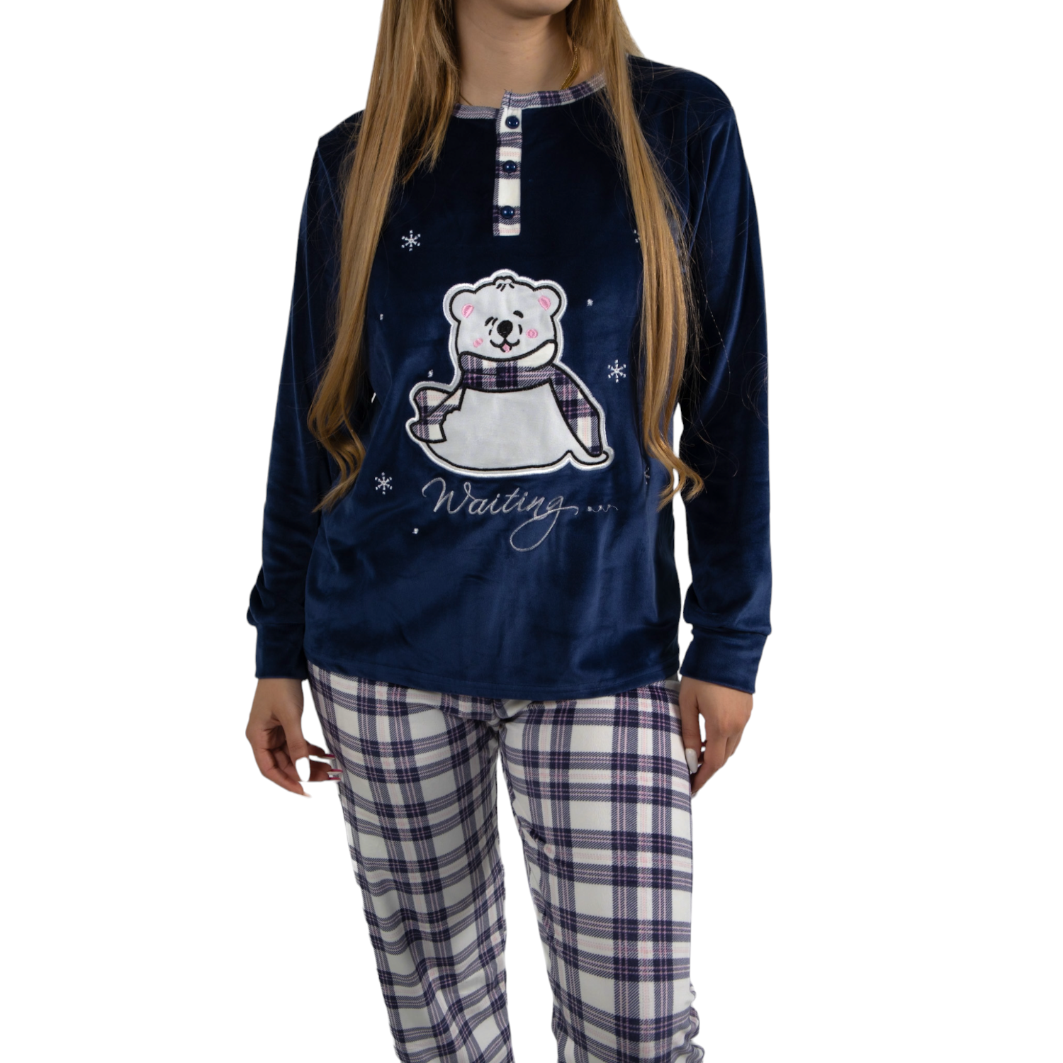 Pijama Media Luna Mujer Plush Manga Larga Diseño Oso Polar Escosés-3