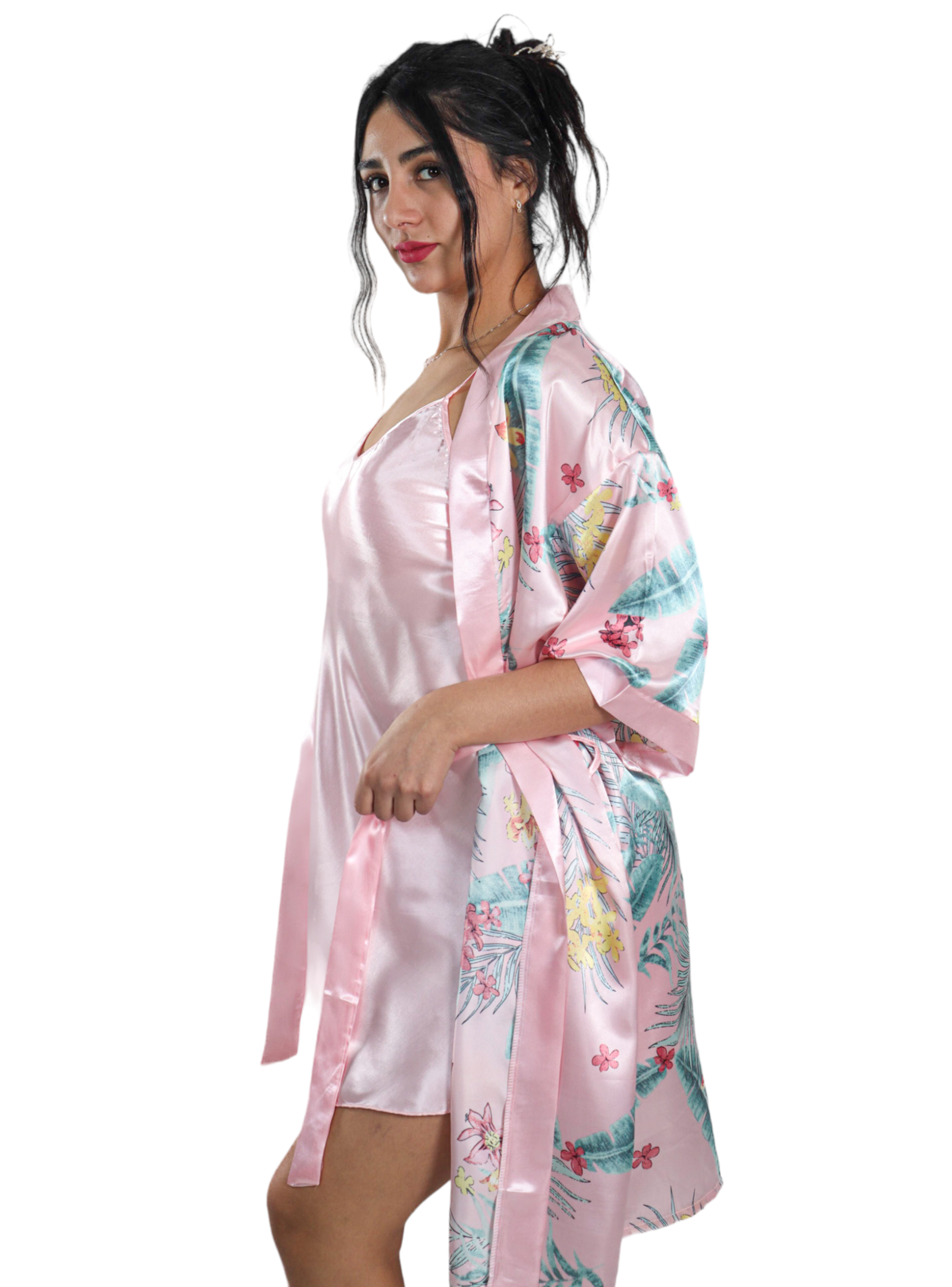 Pijama Camisola Corta de Tirantes Y Bata Satinada Diseño Flores Selvaticas-1