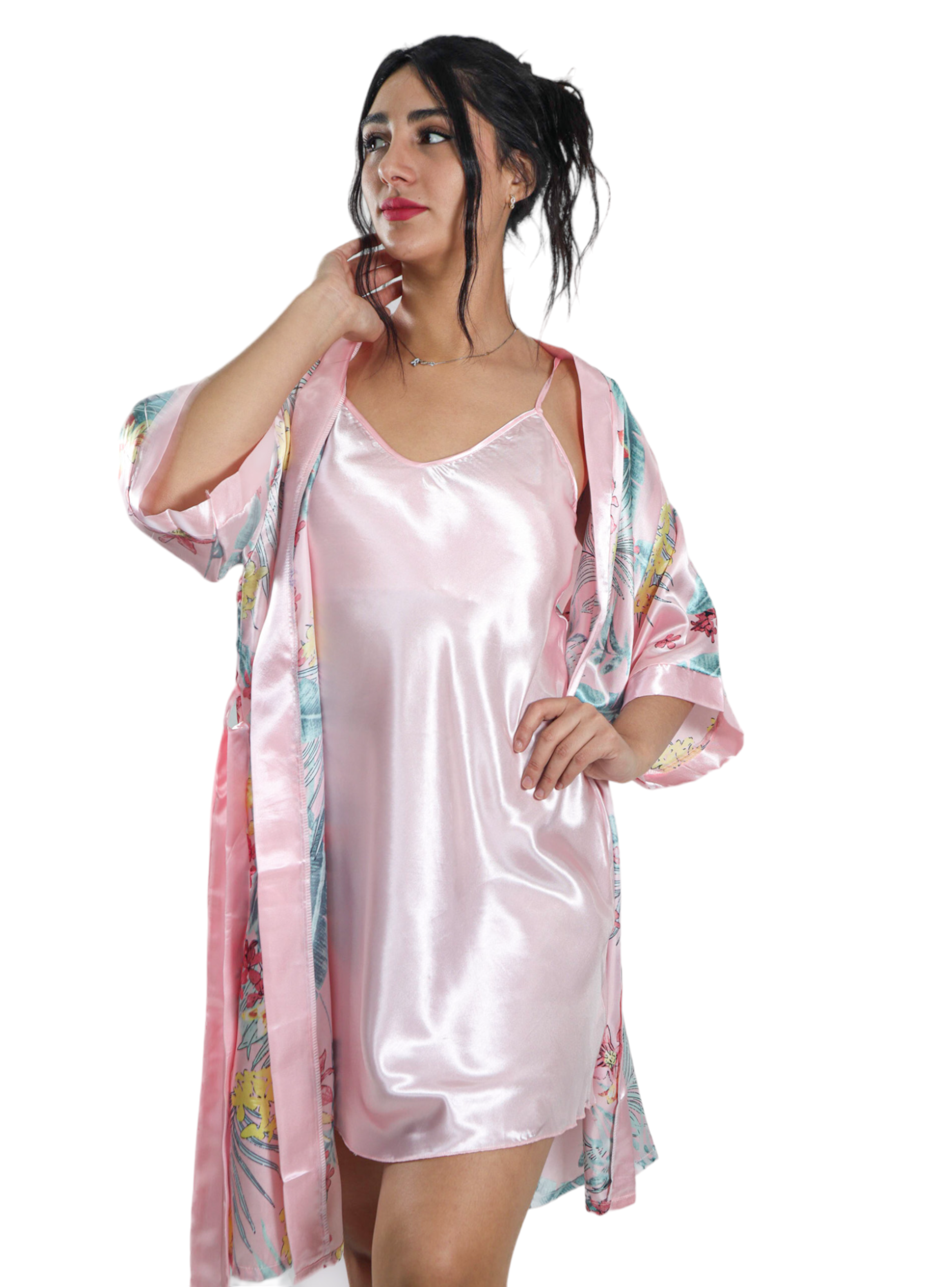 Pijama Camisola Corta de Tirantes Y Bata Satinada Diseño Flores Selvaticas-0