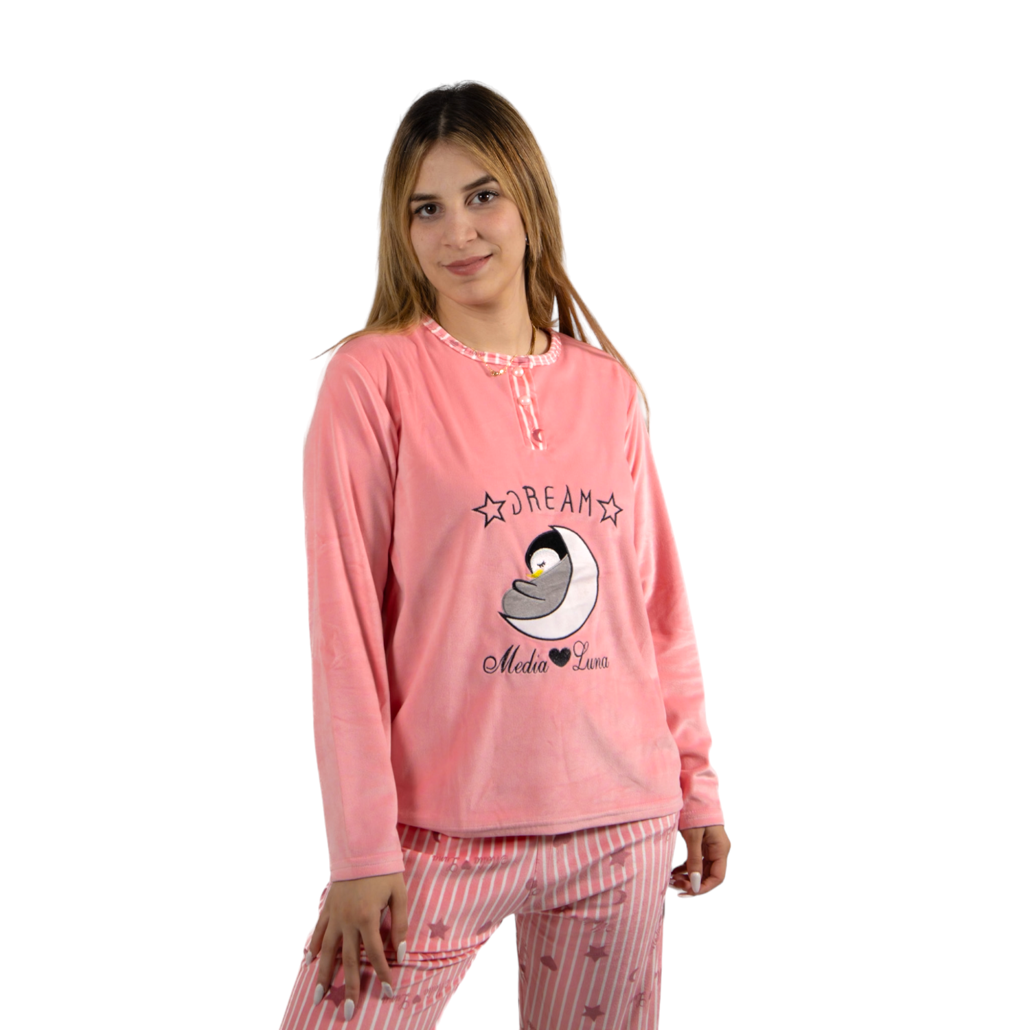 Pijama Media Luna Mujer Plush Manga Larga Diseño Pinguino Soñador-2